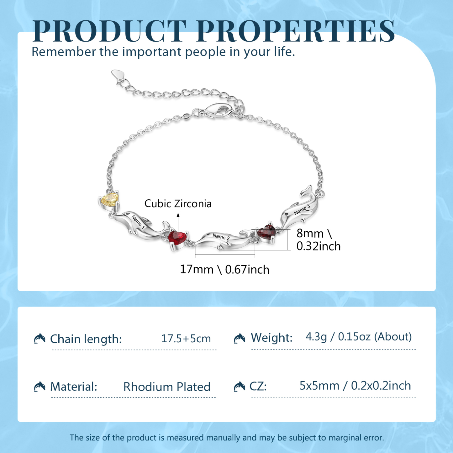 Bracelet dauphin 3 Prénoms Personnalisé avec 3 Pierres de Naissance