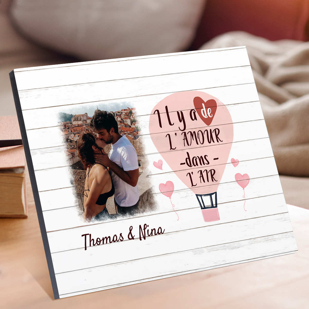 Cadre en Bois 2 Prénoms Personnalisés avec Photo pour Couple Cadeau Saint Valentin