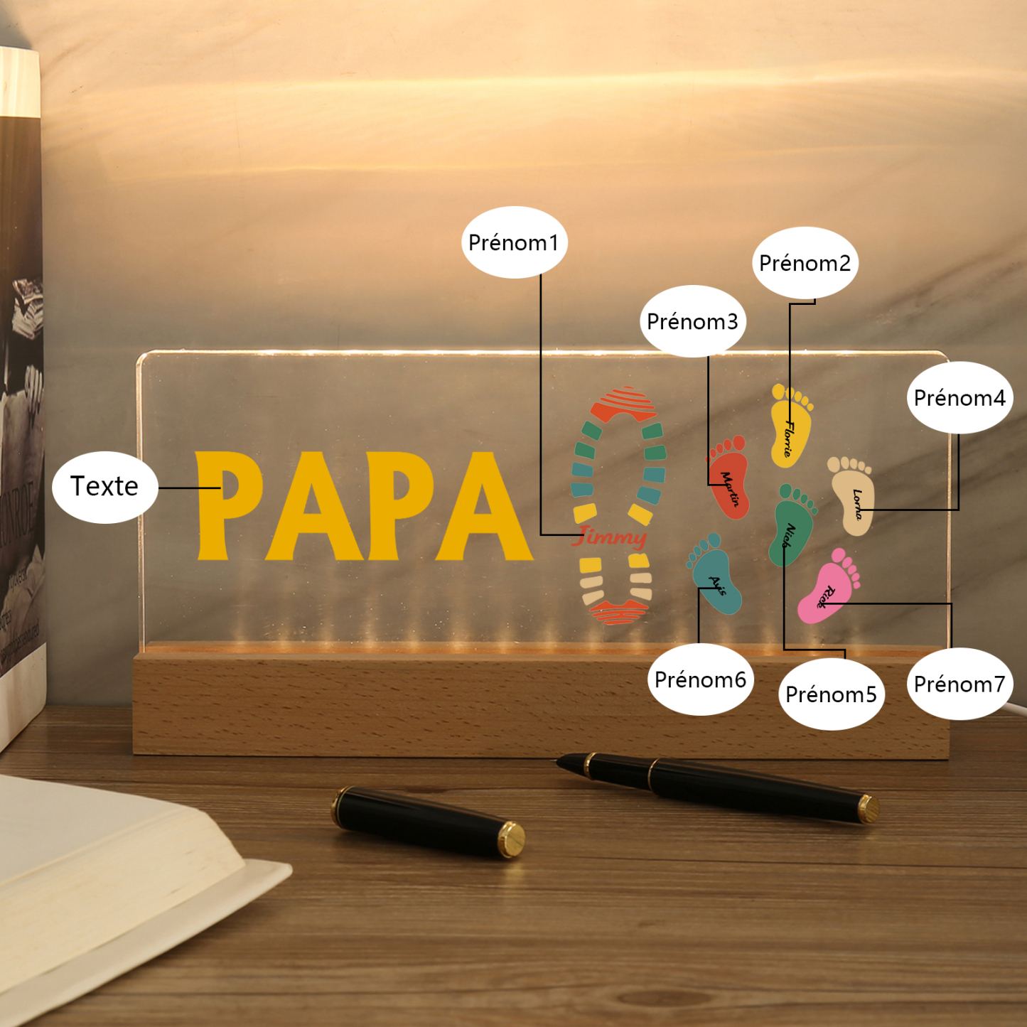 À mon Papa/Papi- Lampe de chevet LED Pieds Bébé 7 Prénoms Personnalisés avec Texte