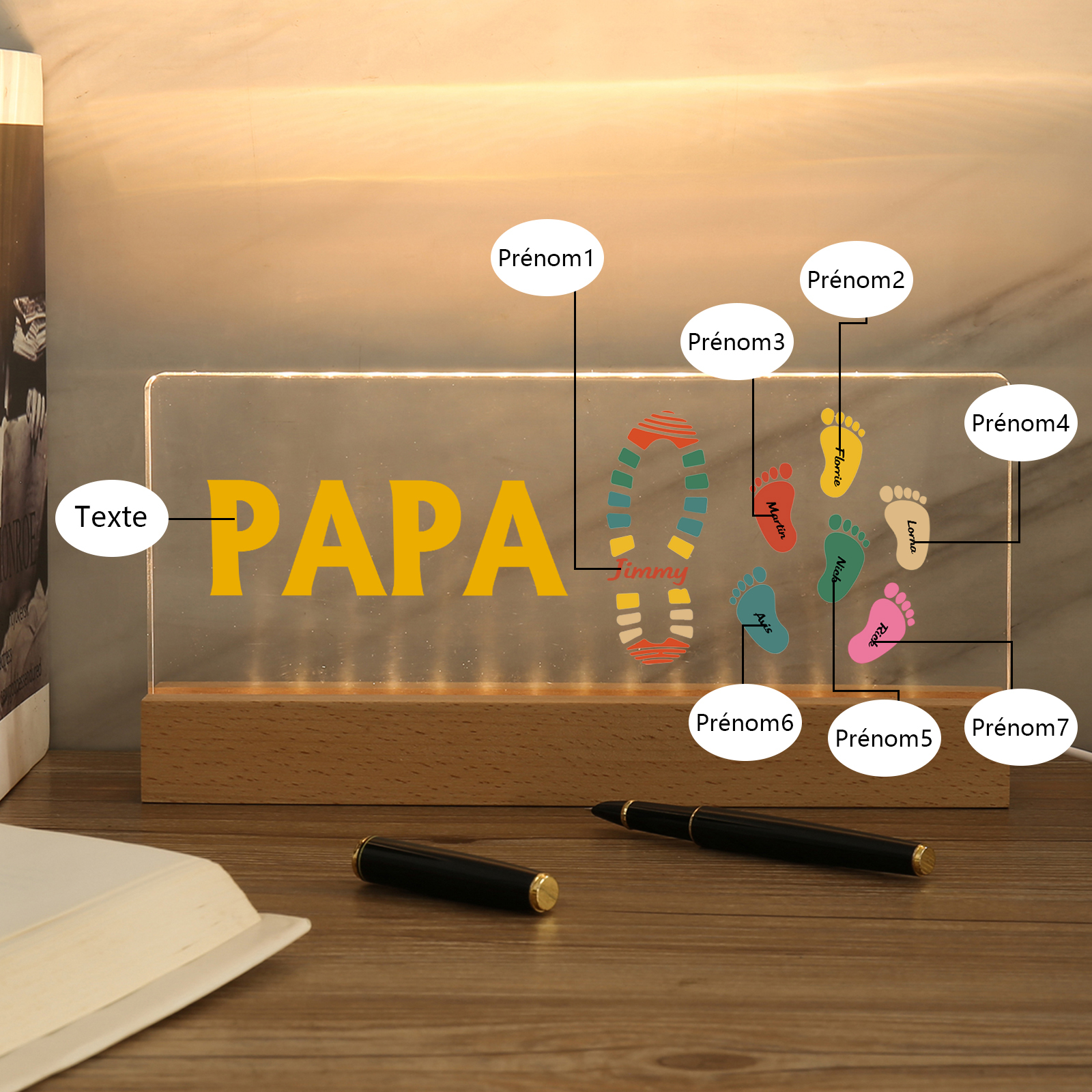 À mon Papa/Papi- Lampe de chevet LED Pieds Bébé 7 Prénoms Personnalisés avec Texte