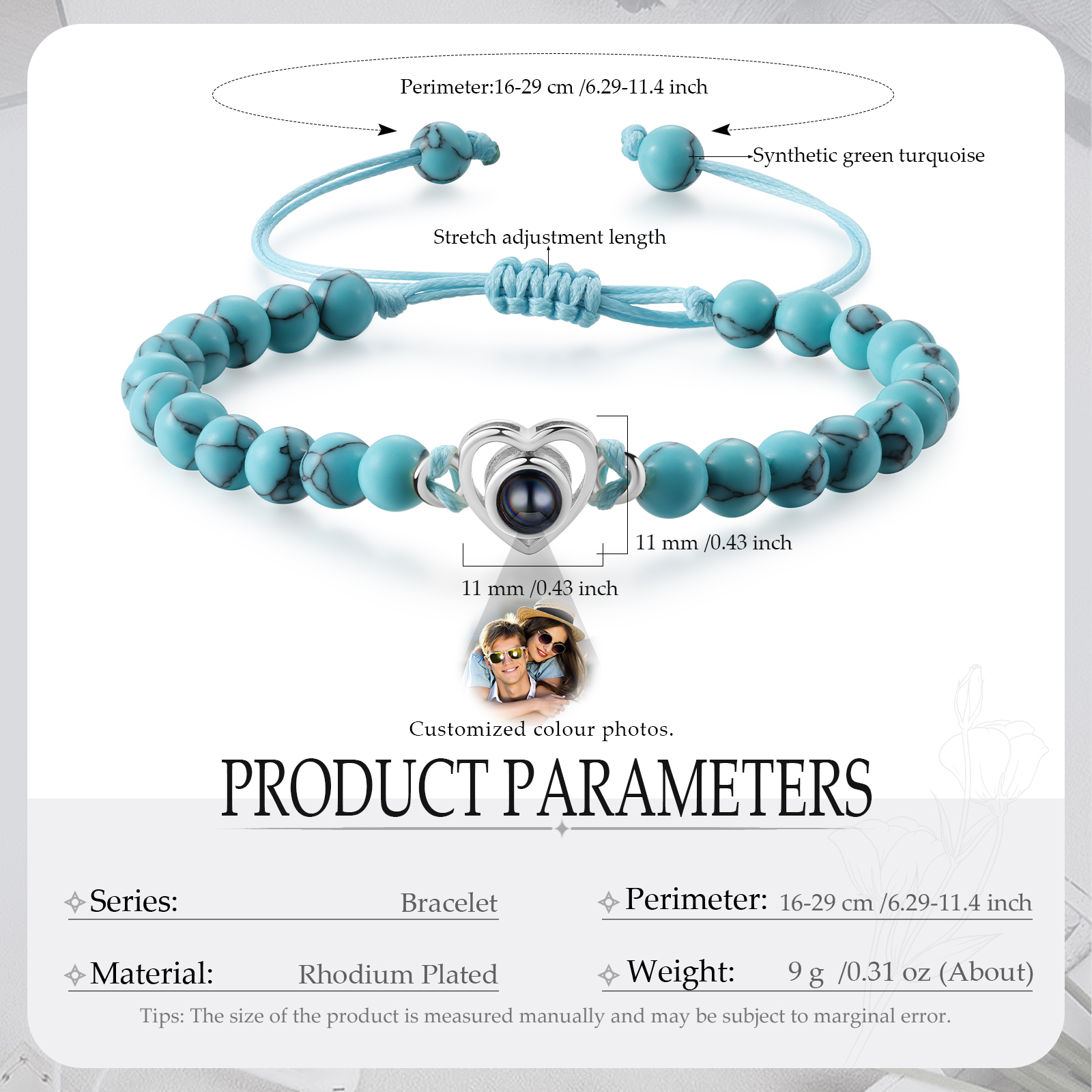 Bracelet Cœur Personnalisé Bracelet Photo Projection en Turquoise pour Couple｜ Jessemade