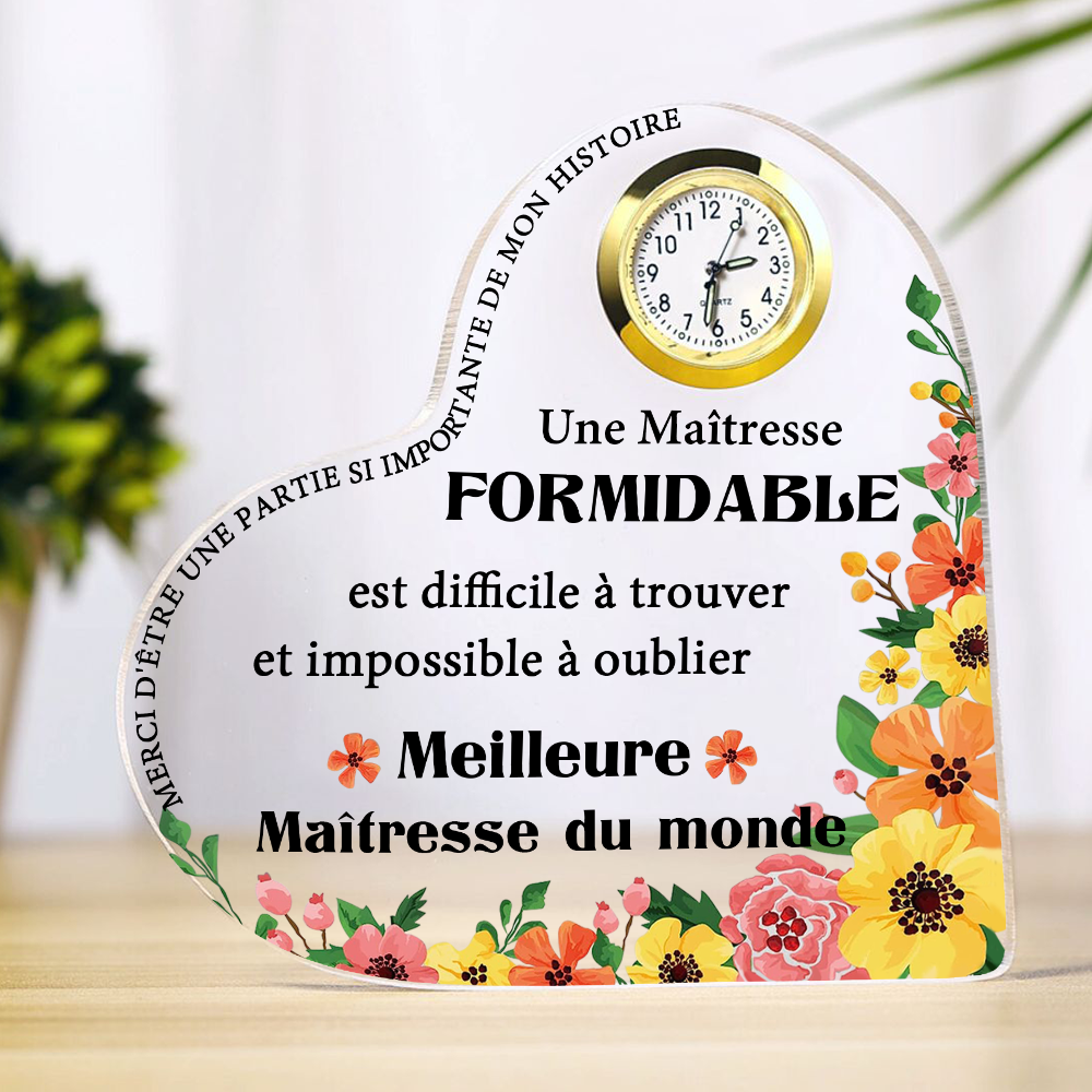 Cœur acrylique avec horloge et message pour maîtresse – Meilleure Maîtresse du Monde | Jessemade