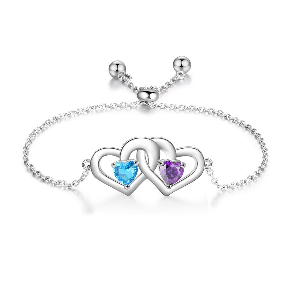 Bracelet reglable 2 coeurs 2 Pierre de Naissance