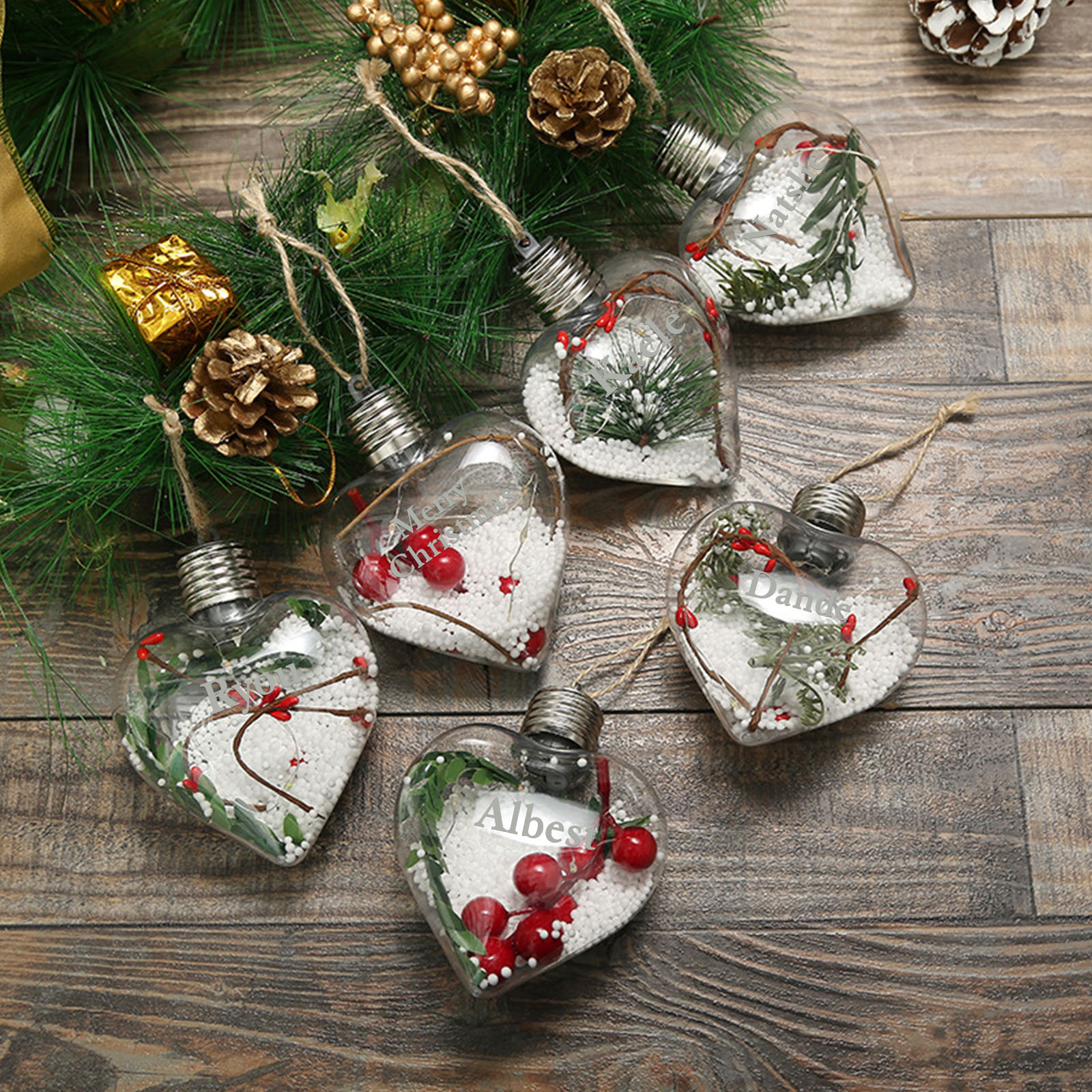 Ornements de Boule transparente Cœur de Noël avec lumières LED texte Personnalisé boule de noël | Jessemade