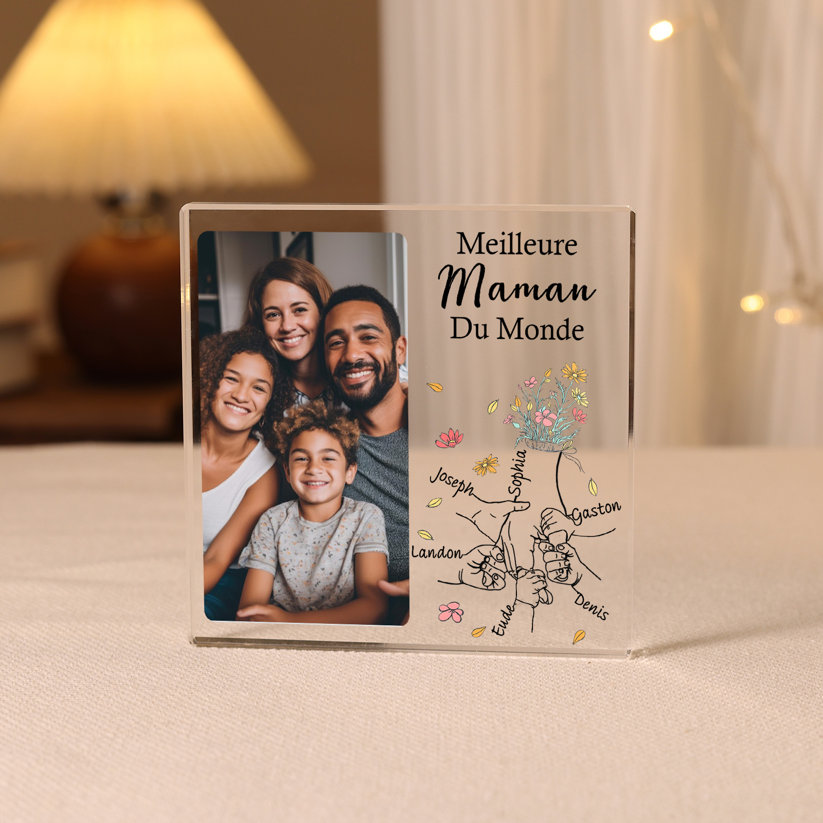 À ma Maman - Plaque Acrylique Carrée la Main dans la Main 6 Prénoms Personnalisés avec Photo