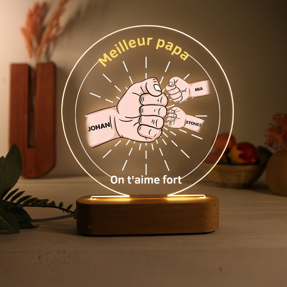 À Papa/Papi - Lampe de chevet LED Lumières Poings 3 Prénoms et 2 Textes Personnalisés pour Famille