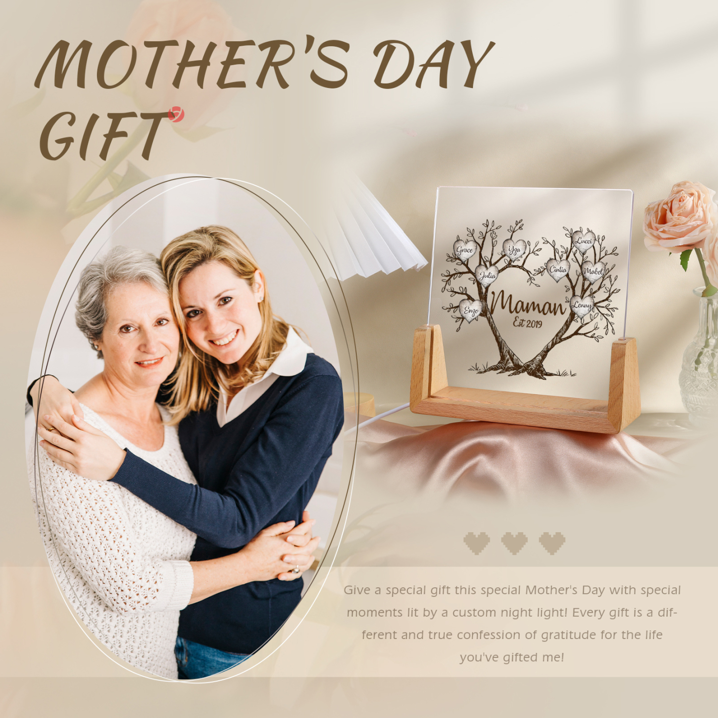 À Maman/Mamie - Lampe de chevet LED Arbre de Vie 8 Prénoms Personnalisés avec Texte et Date pour Famille