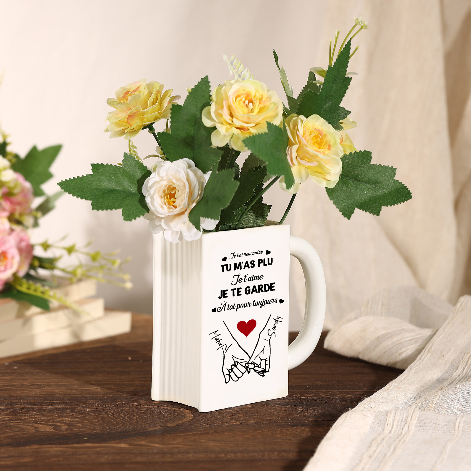 Vase Livre en Céramique Personnalisé avec 2 Prénoms et une Date pour Couple