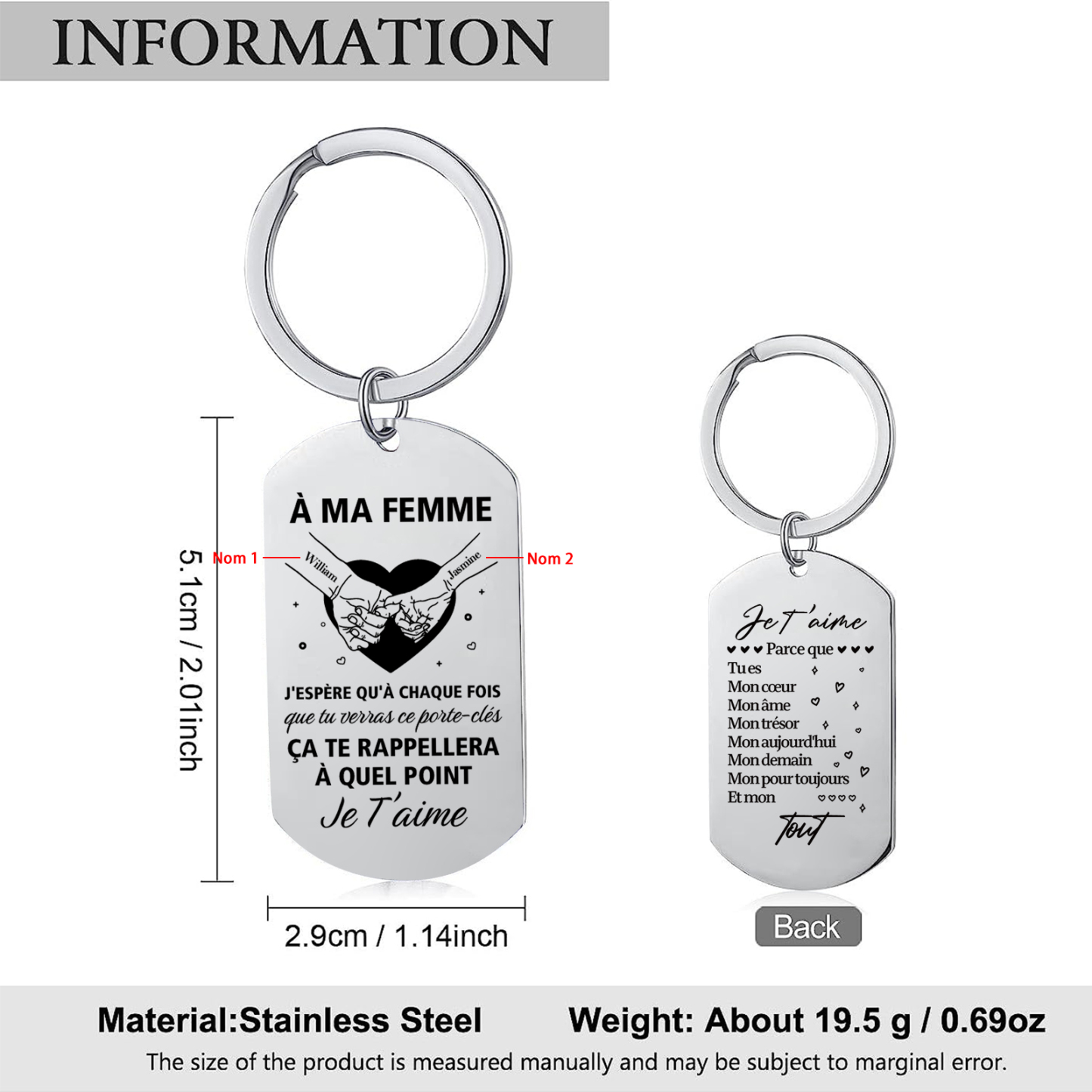 Porte-Clés la main dans la main Personnalisé avec Prénoms pour femme épouse