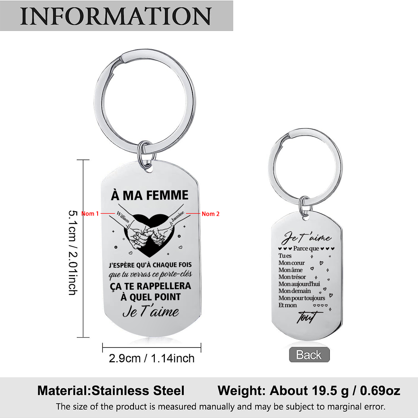 Porte-Clés la main dans la main Personnalisé avec Prénoms pour femme épouse