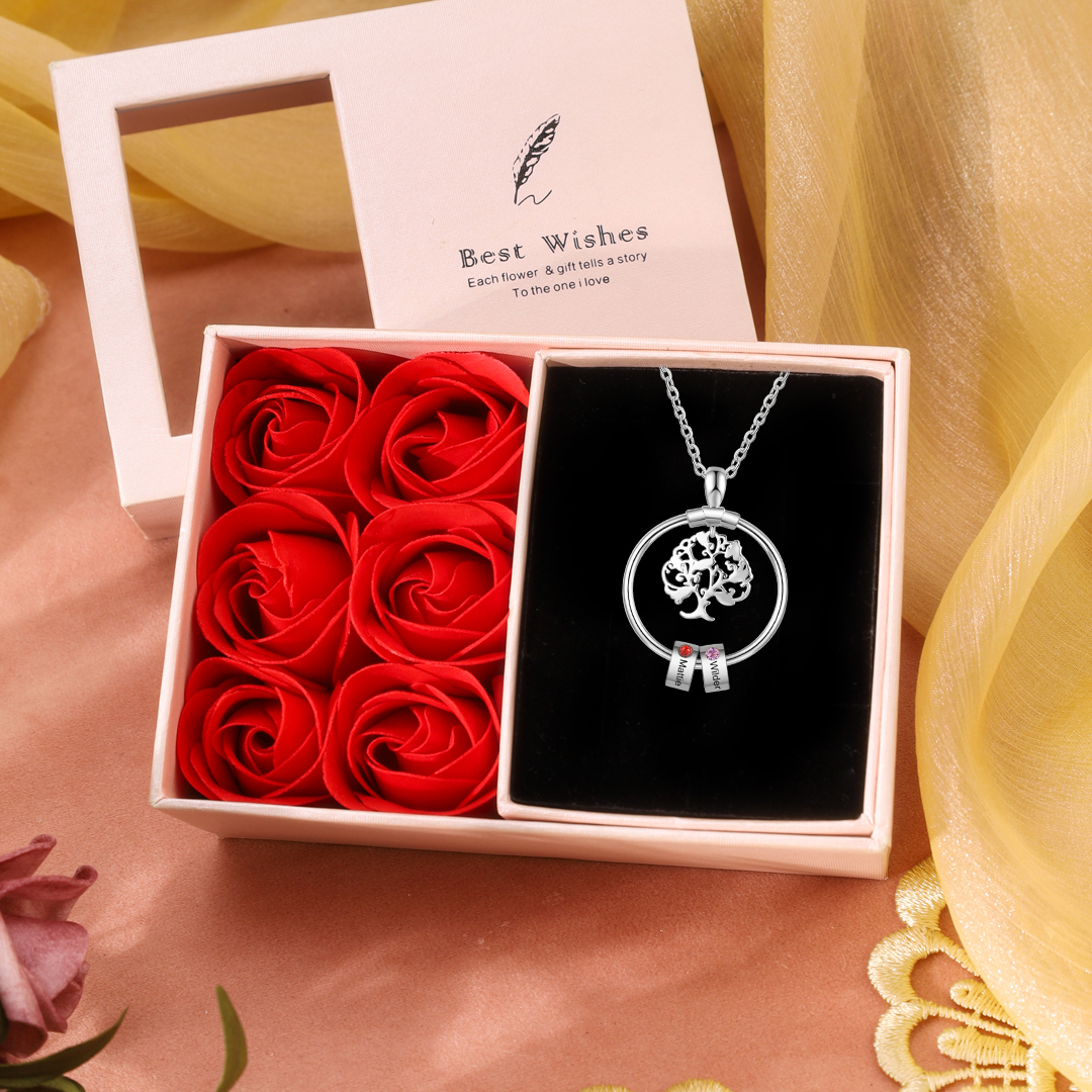 Collier Pendentif Arbre de vie Arbre généalogique 2 Prénoms Personnalisés avec Pierre de Naissance
