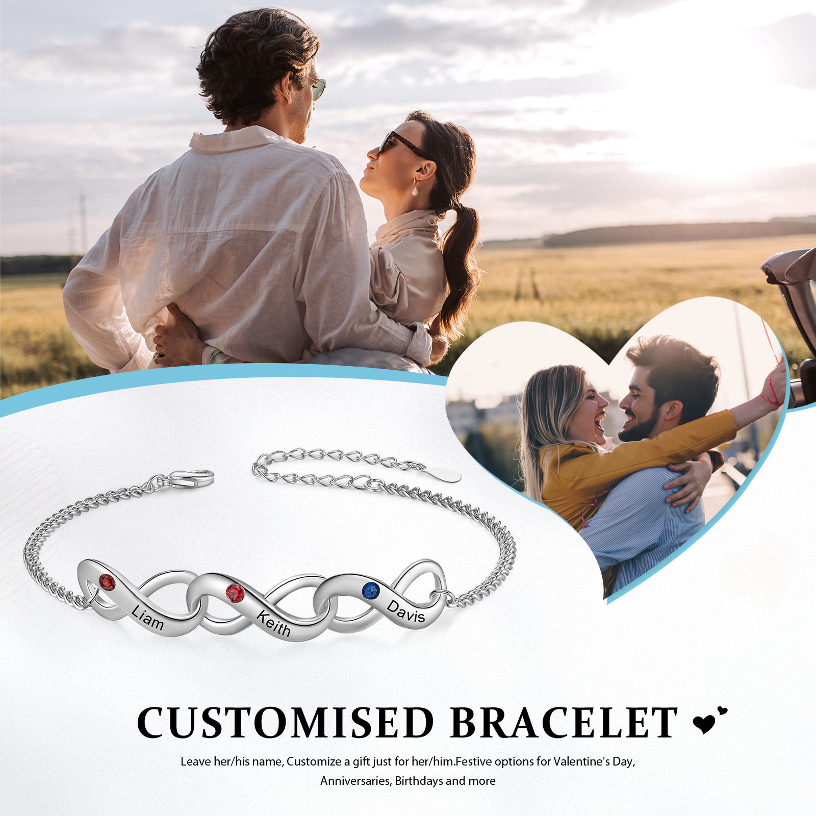 Bracelet Infini 3 Prénoms Personnalisés avec Pierres de Naissance pour Femme