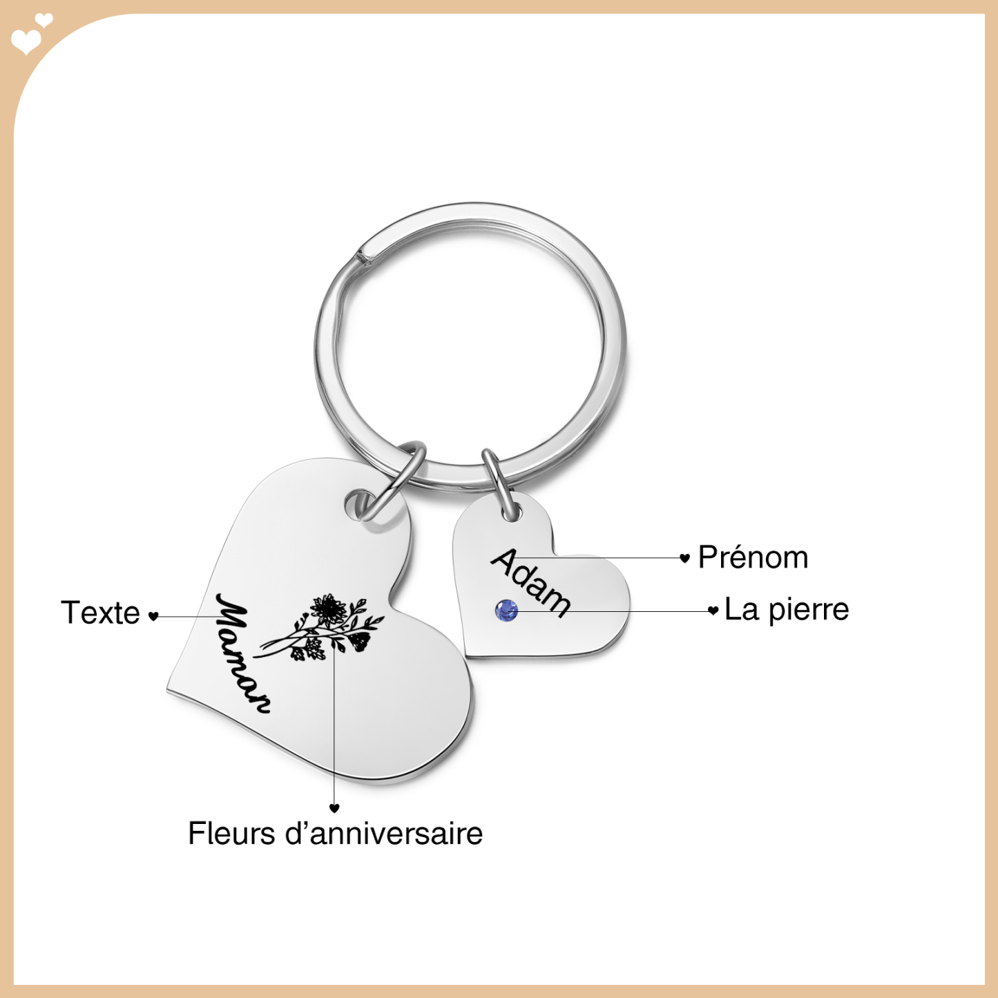 À Maman/Mamie - Porte-Clés Cœur 1 Prénom et Pierre de naissance Personnalisés avec Texte et Fleur de Naissance