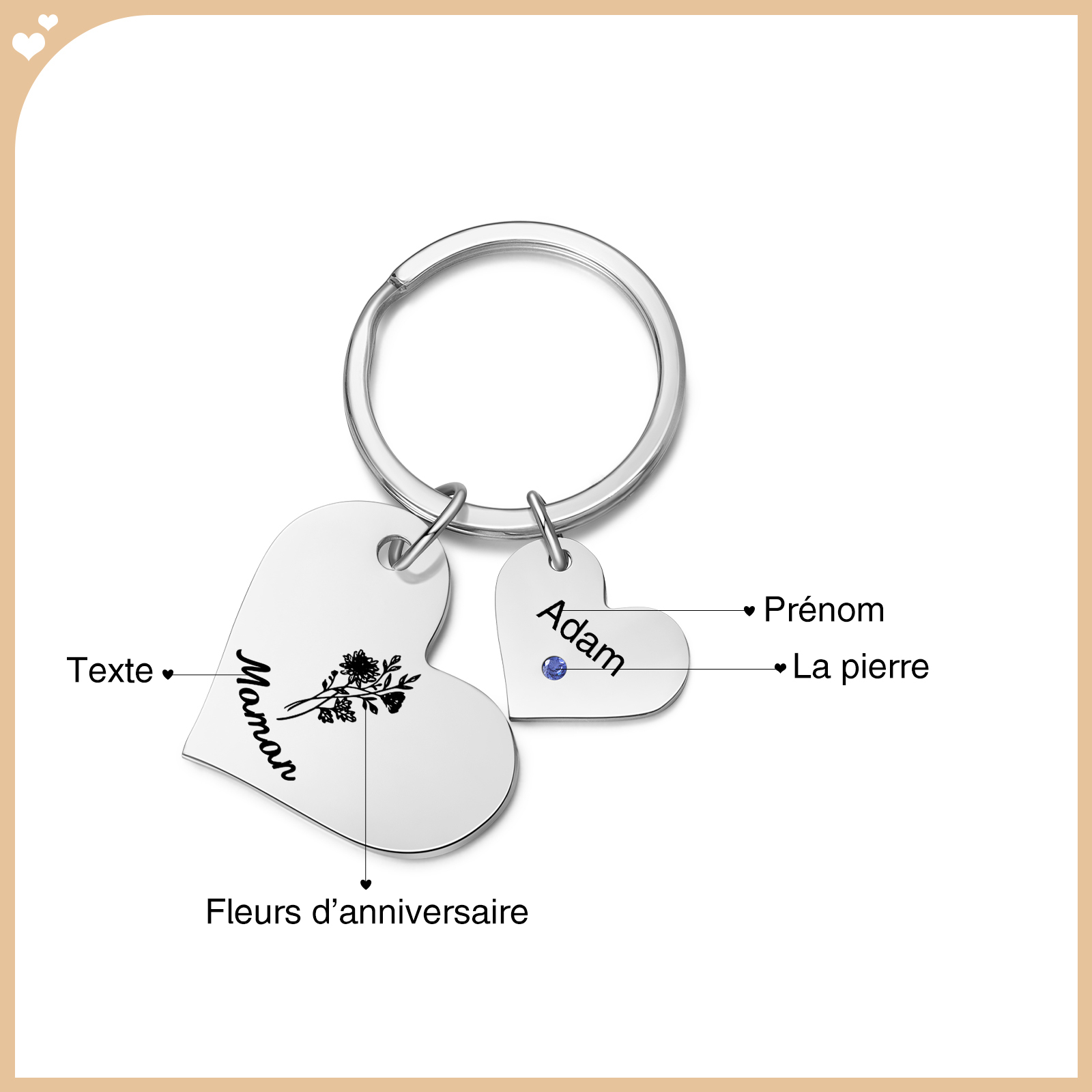 À Maman/Mamie - Porte-Clés Cœur 1 Prénom et Pierre de naissance Personnalisés avec Texte et Fleur de Naissance