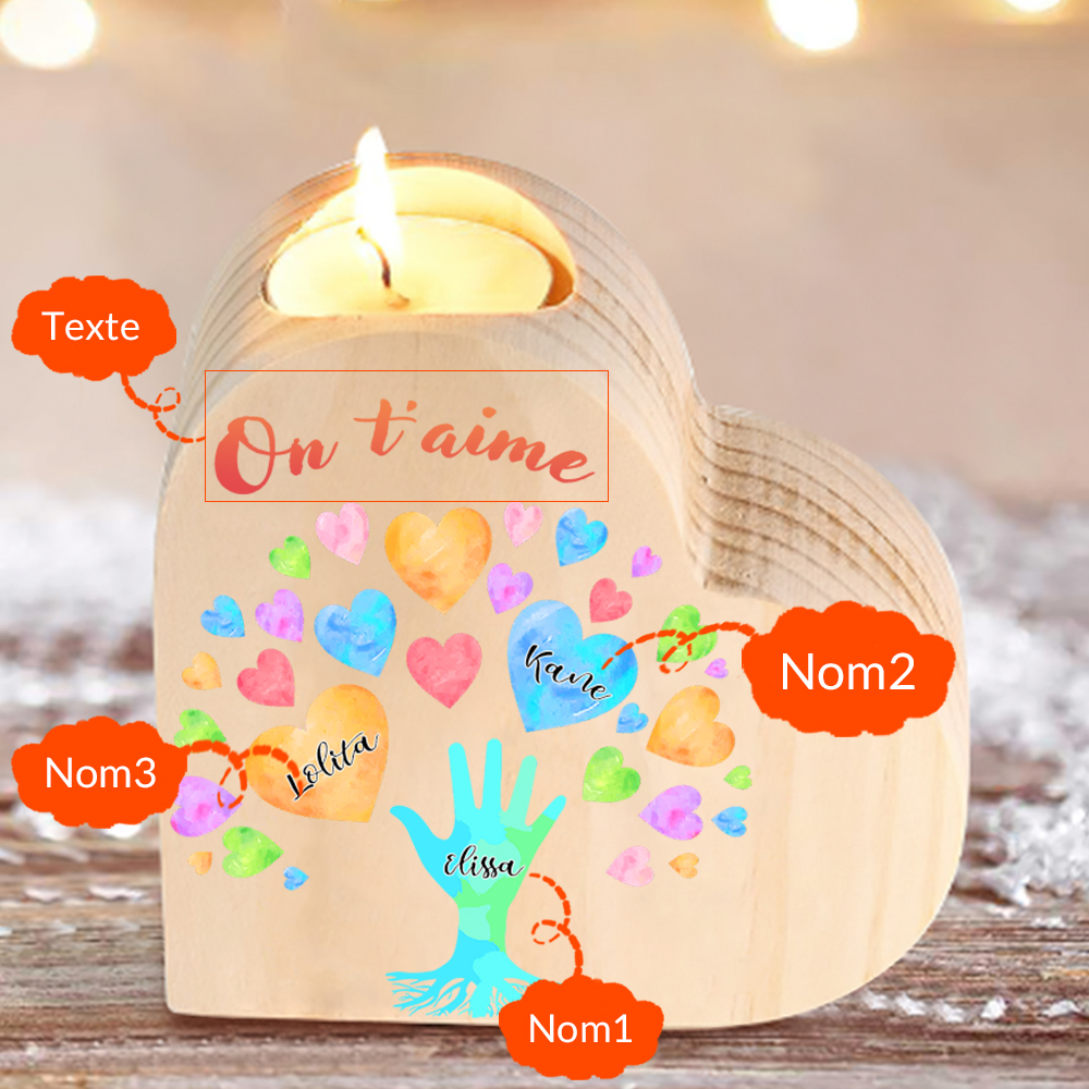 Bougeoir en Bois 3 Prénoms Personnalisés avec Texte sans bougie pour Famille