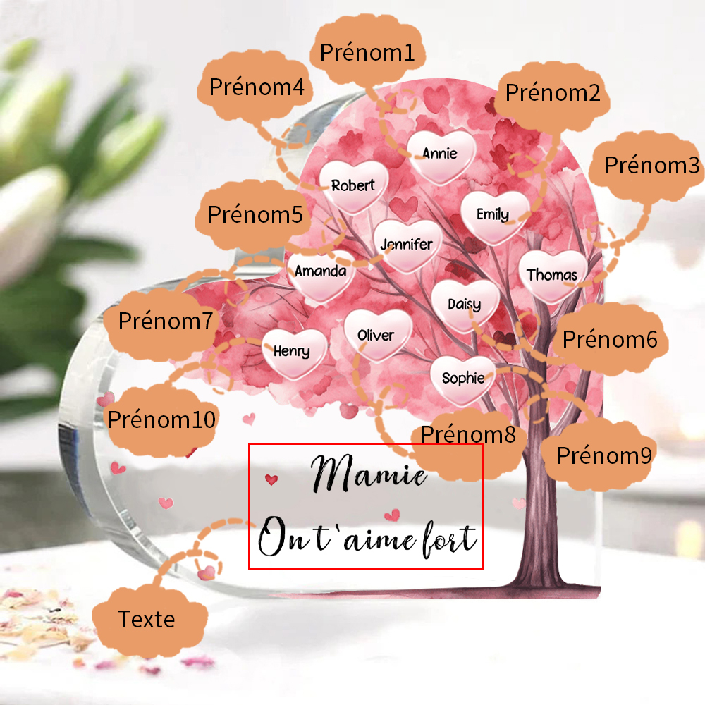 À ma Maman/Mamie - Plaque Acrylique Arbre en Forme de Cœur 10 Prénoms Personnalisés avec 1 Texte