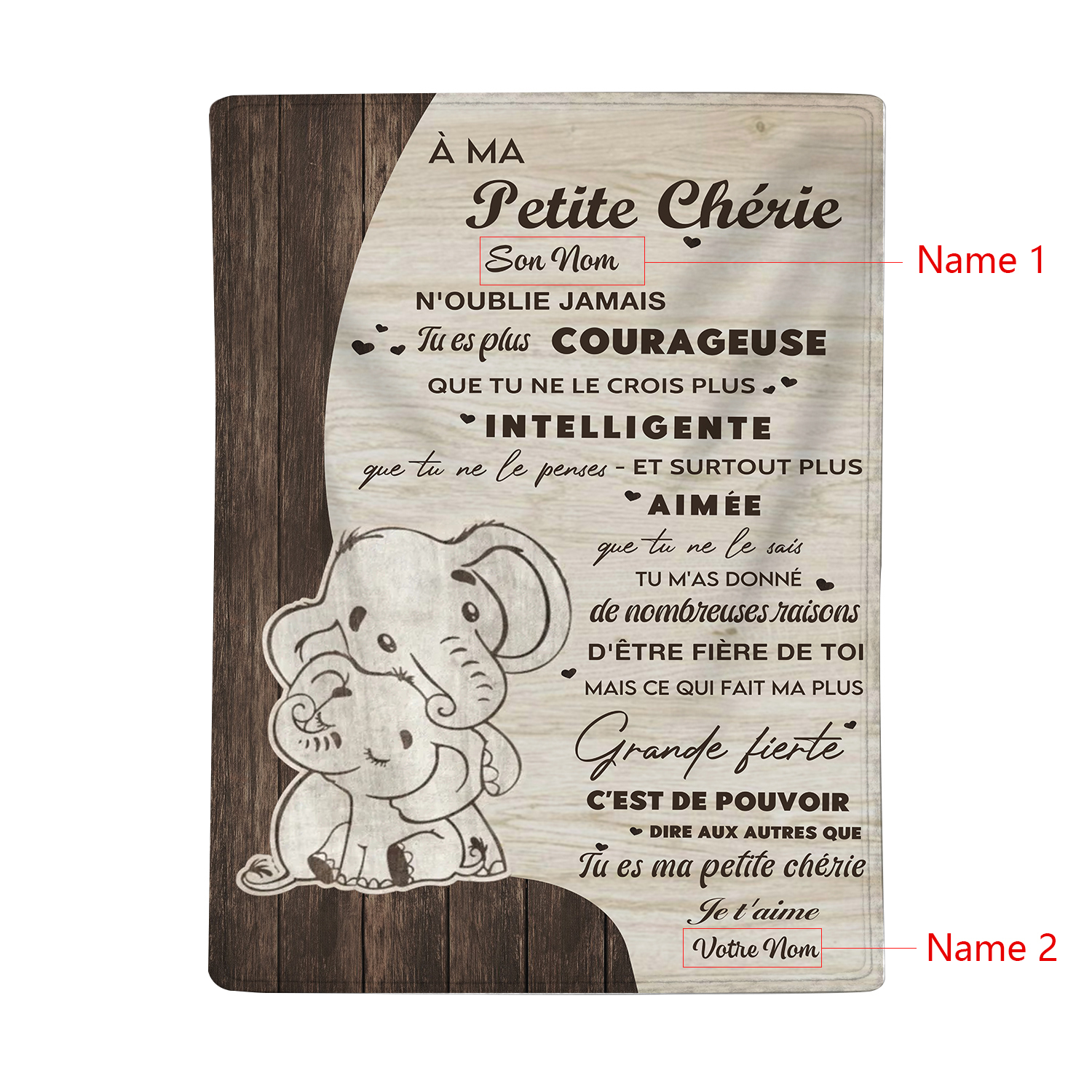 À ma Fille/Petite Chérie - Plaid Personnalisé avec 2 Prénoms Couverture à motif d'éléphant en Flanelle | Jessemade