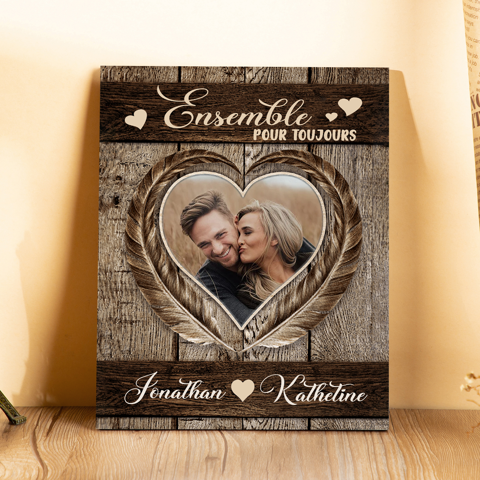 Cadre en Bois 2 Prénoms Personnalisés avec Photo pour Couple Cadeau Saint Valentin
