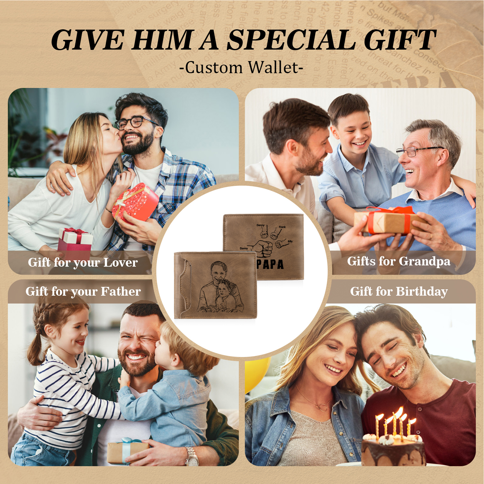 À mon Papa - Portefeuille Poings 4 Prénoms Personnalisés avec Photo Classique Homme Porte-Monnaie Carte