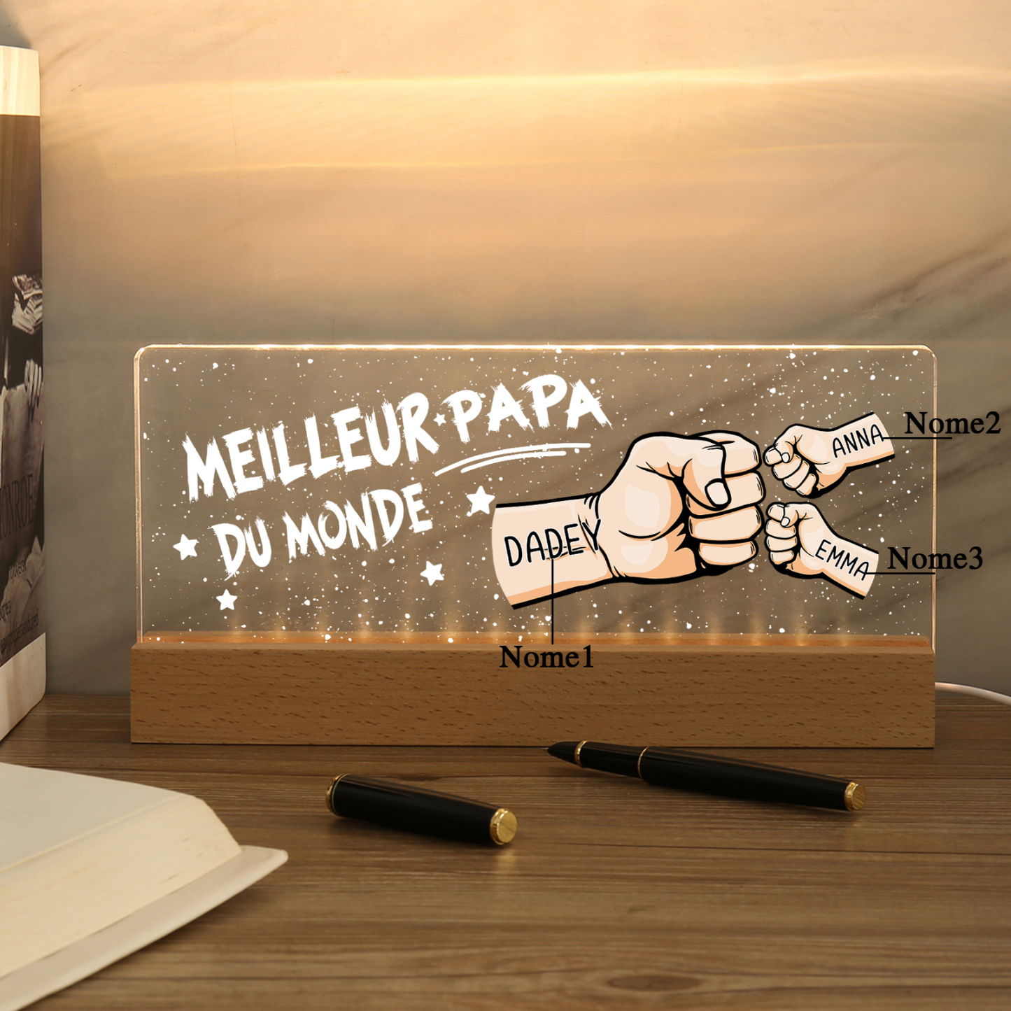 À mon Papa- Lampe de chevet LED Poings 3 Prénoms Personnalisés