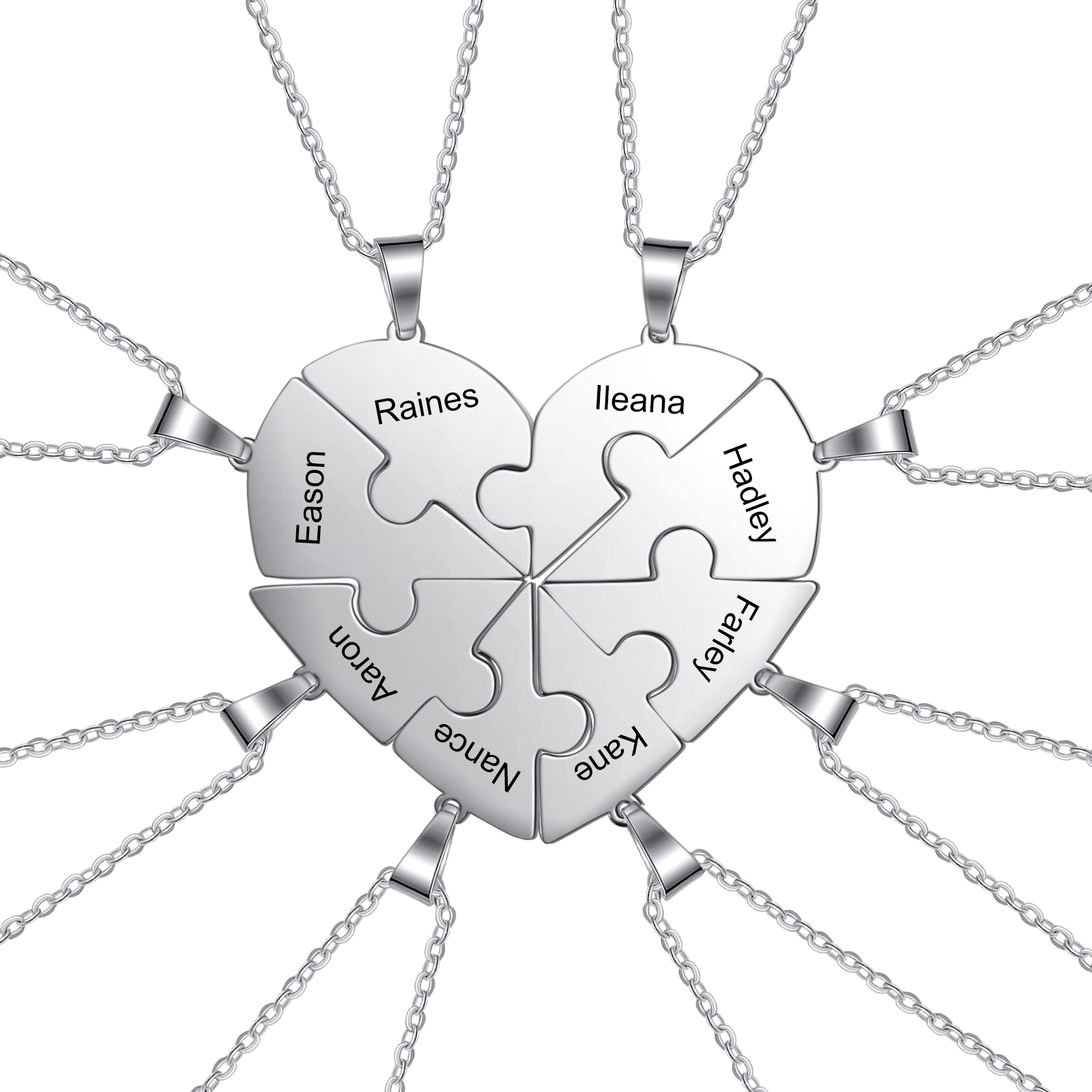 Collier Coeur Pièces de Puzzle graver 2-8 Prénoms Personnalisé