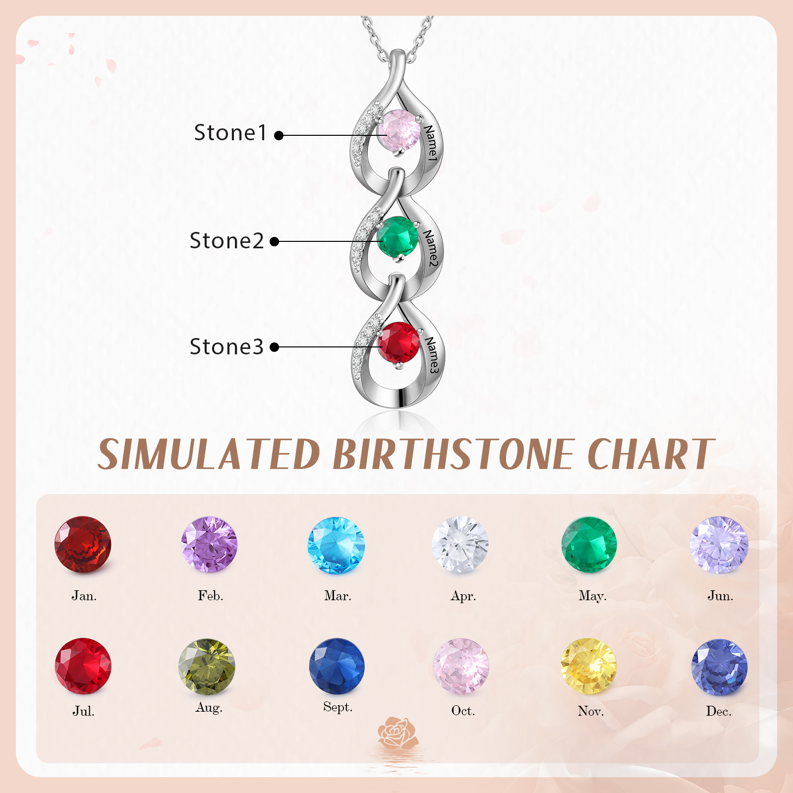 Collier Pendentif Goutte d'eau 3 Prénoms Personnalisés avec Pierres de naissance