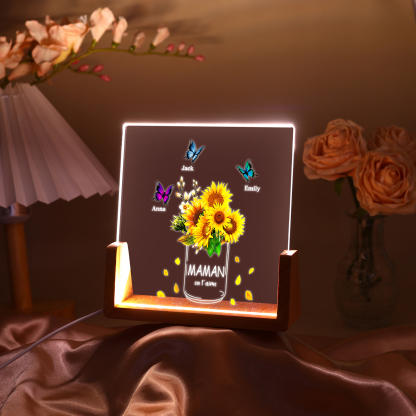 À Maman/Mamie - Lampe de chevet LED Tournesol 3 Prénoms Personnalisés avec 2 Textes pour Famille