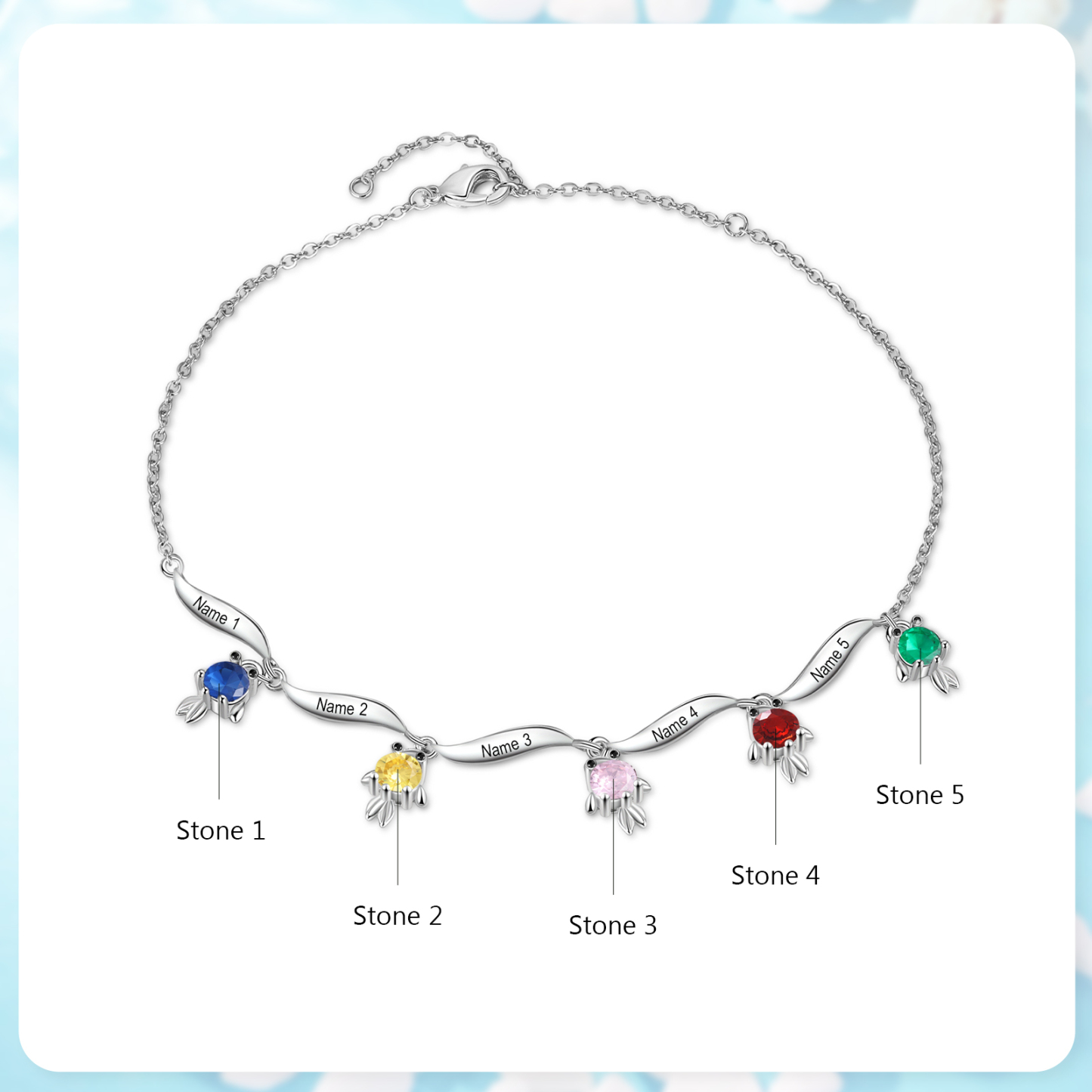 1-6 Noms Bracelet de cheville Poisson rouge Personnalisés avec Pierre de Naissance pour Femme