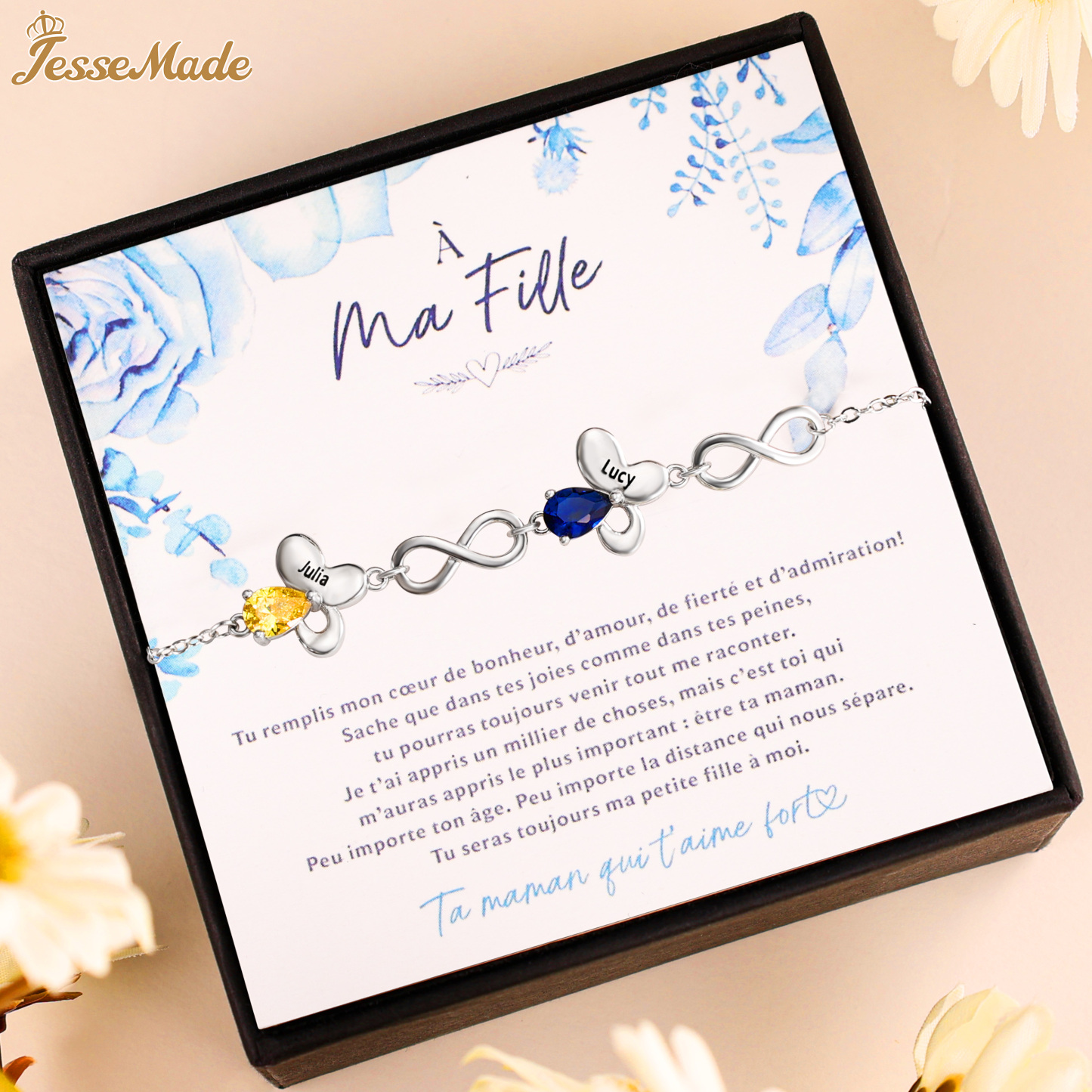 Jessemade FR A ma fille Bracelet papillon 2 Prénom Personnalisé avec 2 Pierre de Naissance