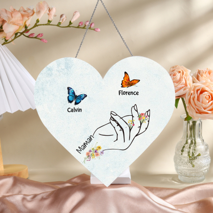À Maman/Mamie - Veilleuse Cœur Décoration Main et Papillon 2 Prénoms Personnalisés avec 1 Texte