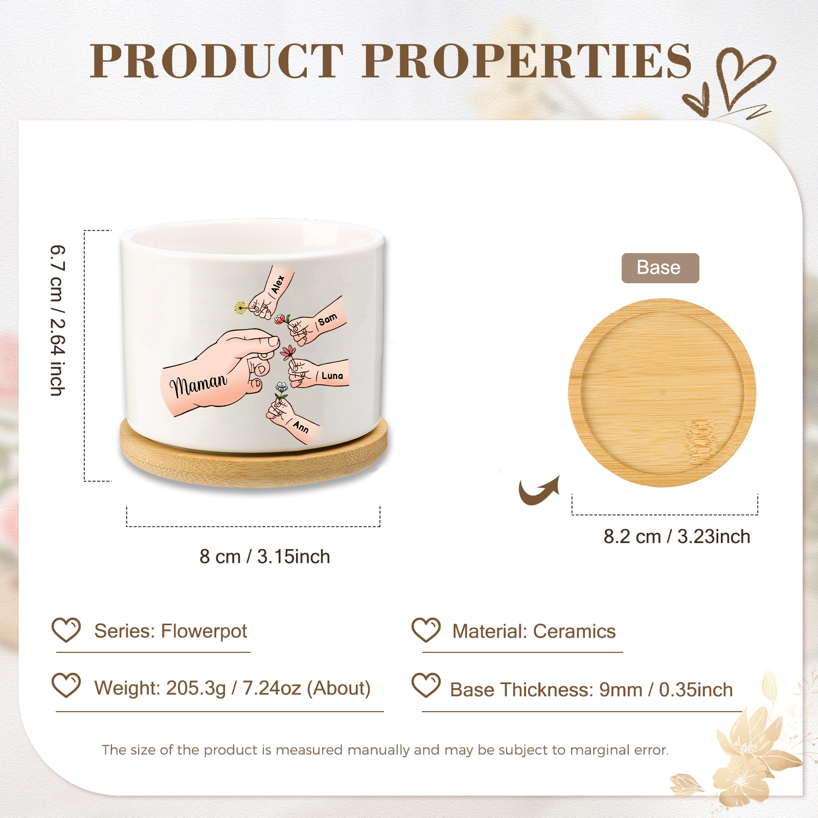 Vase/Pot de Fleurs mains et enfants 5 Prénoms Personnalisés Décoration de la Maison (sans plantes)