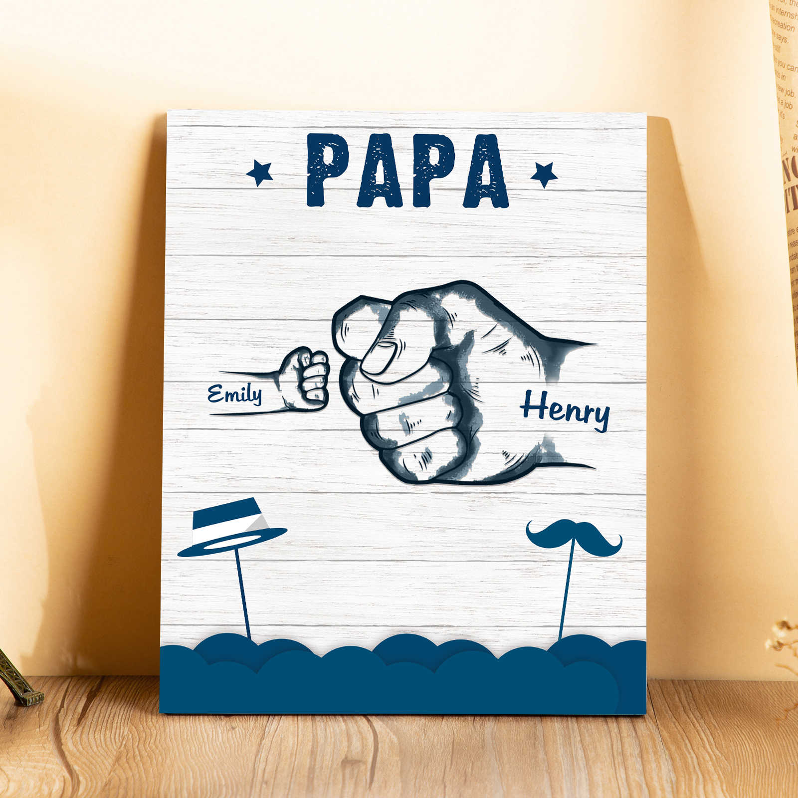 À Mon Papa/Papi-Cadre en Bois Poings 2 Prénoms Personnalisés avec Texte