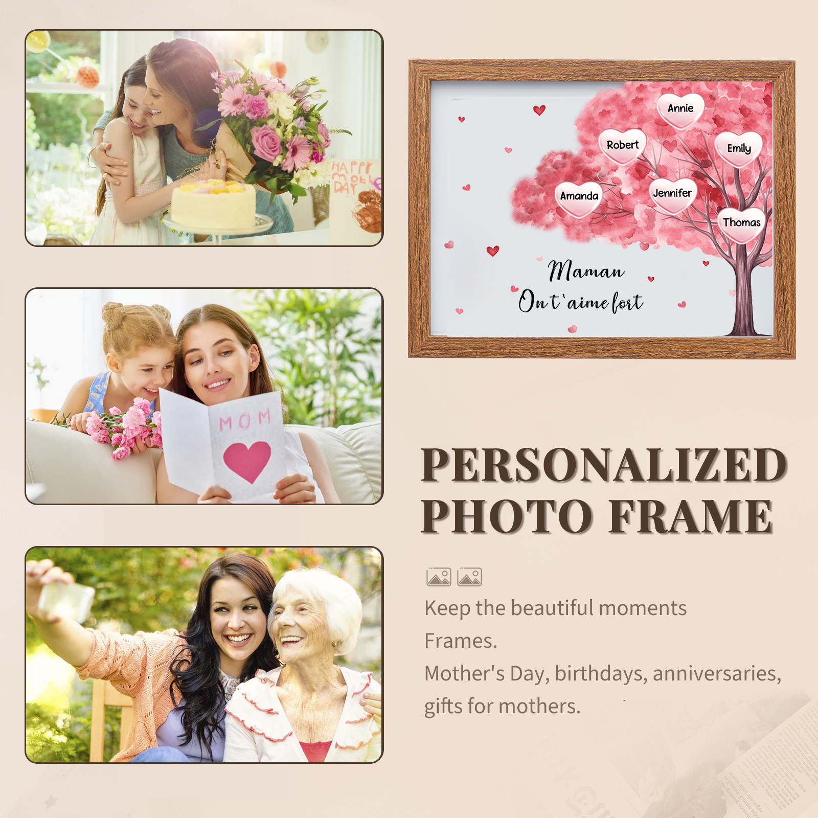 Cadre Photo LED Arbre 6 Prénoms Personnalisés avec 1 Texte Décoration Famille