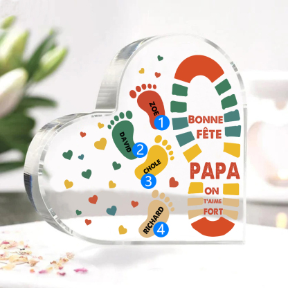 À mon Papa - Plaque Acrylique en Forme de Cœur Empreintes 4 Prénoms Personnalisés
