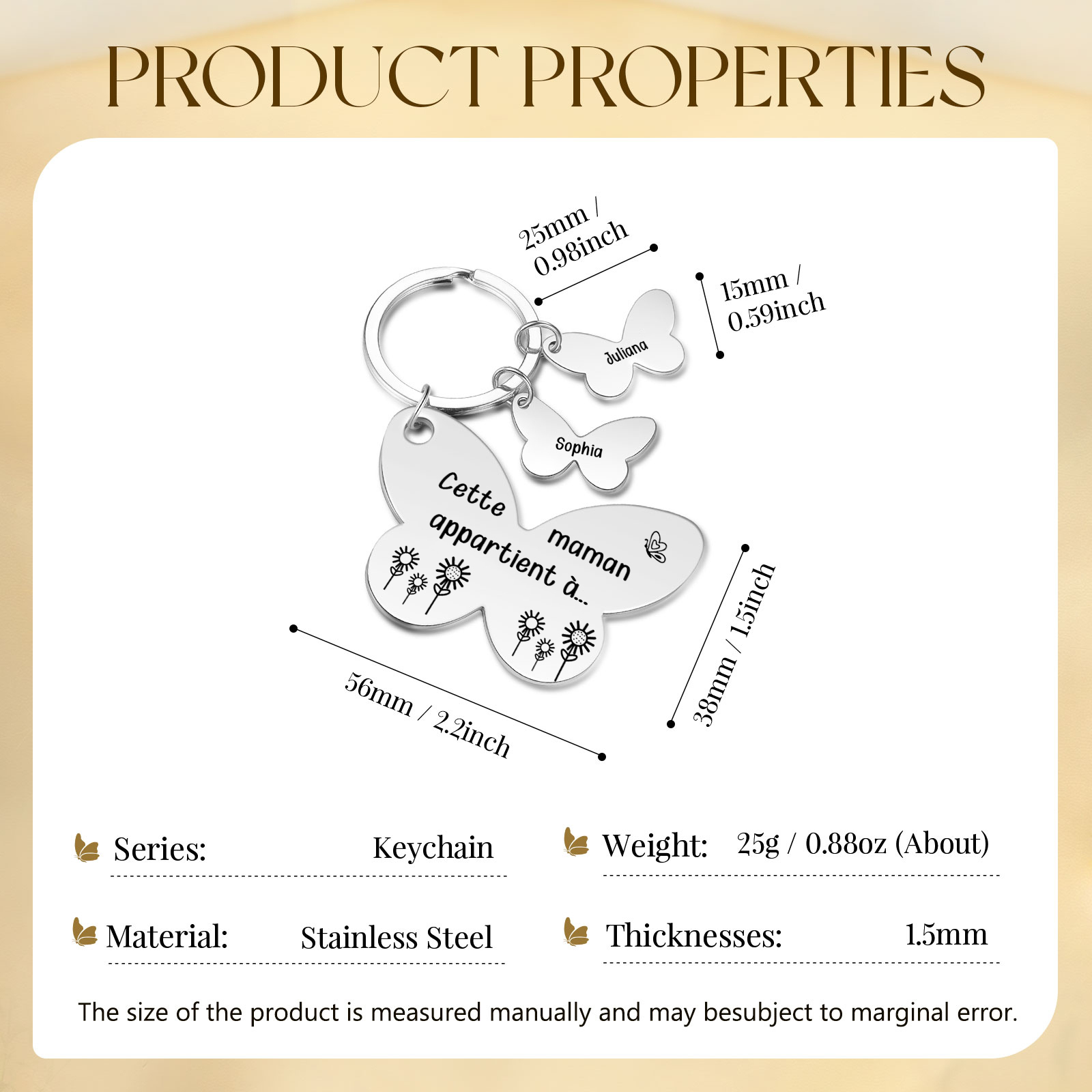 À Maman/Mamie - Porte-Clés Papillon 2 Prénoms Personnalisés avec Texte 