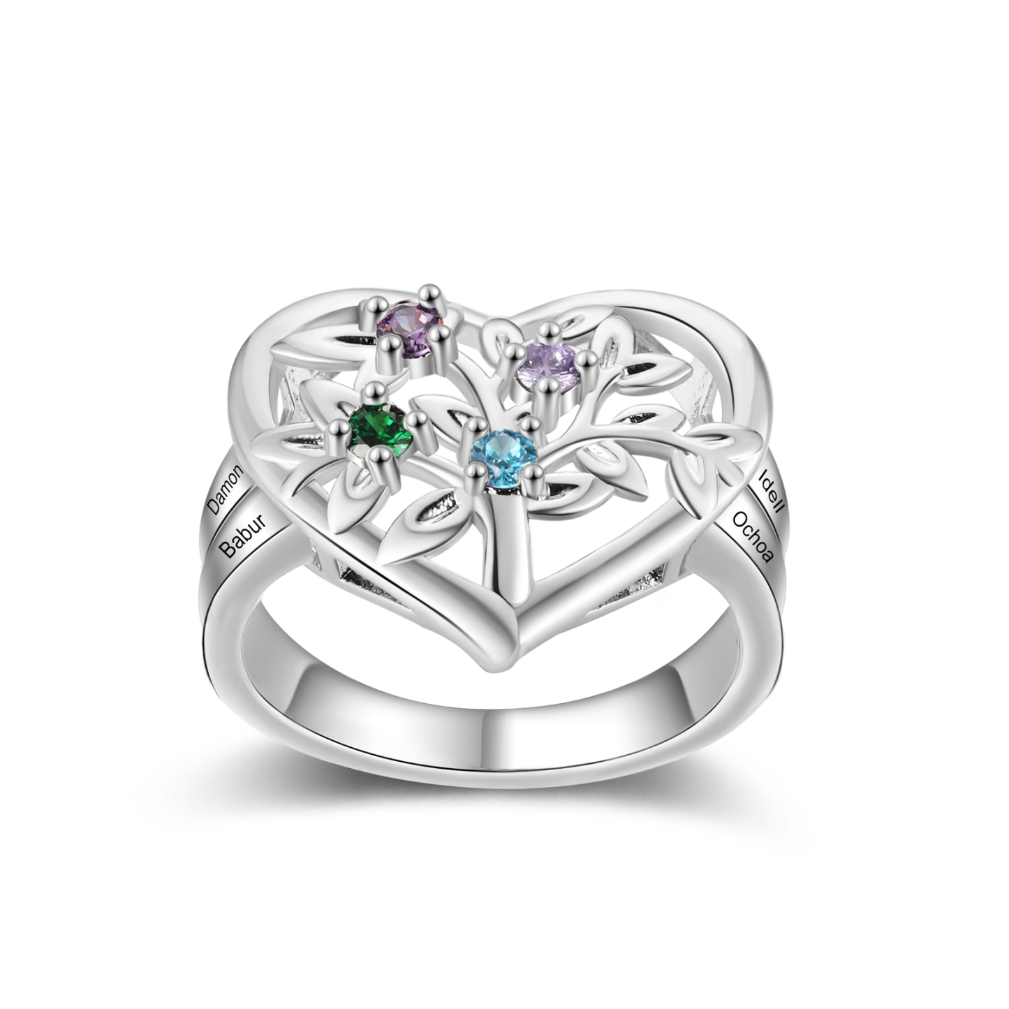 Bague Arbre de Vie Personnalisée – Anneau Cœur avec Pierres de Naissance et Gravure de Noms