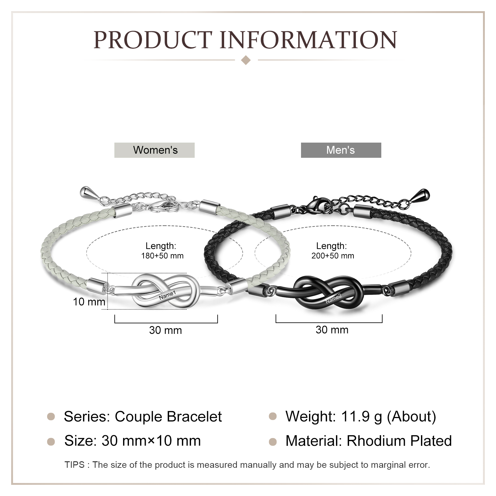 2PCS Bracelet Infini 2 Prénoms Personnalisés Bracelet en Commun pour Couple cadeau Saint-Valentin｜Jessemade