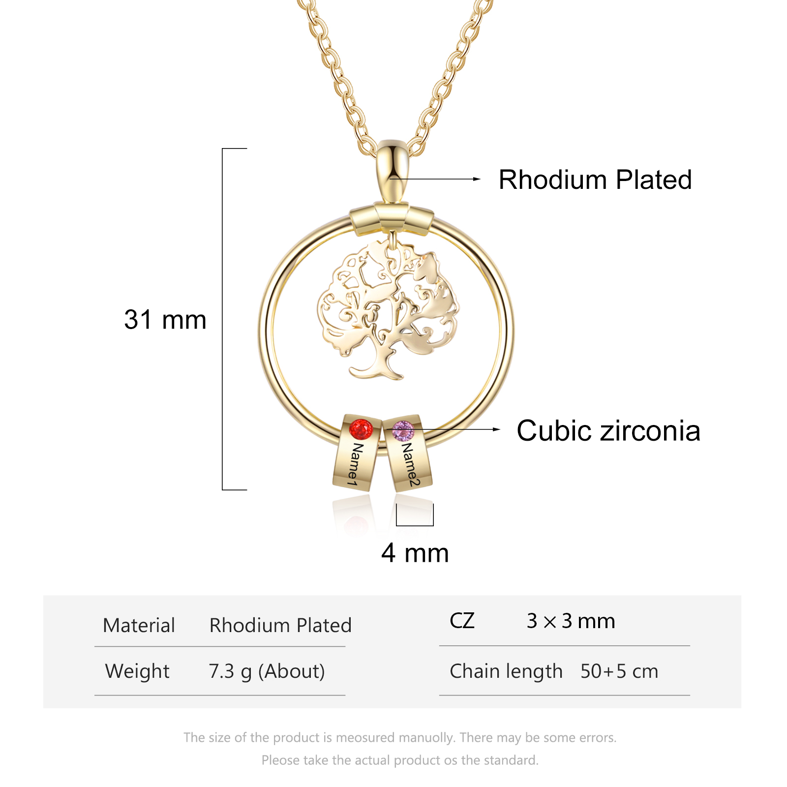 Collier Pendentif Arbre de vie Arbre généalogique 2 Prénoms Personnalisés avec Pierre de Naissance