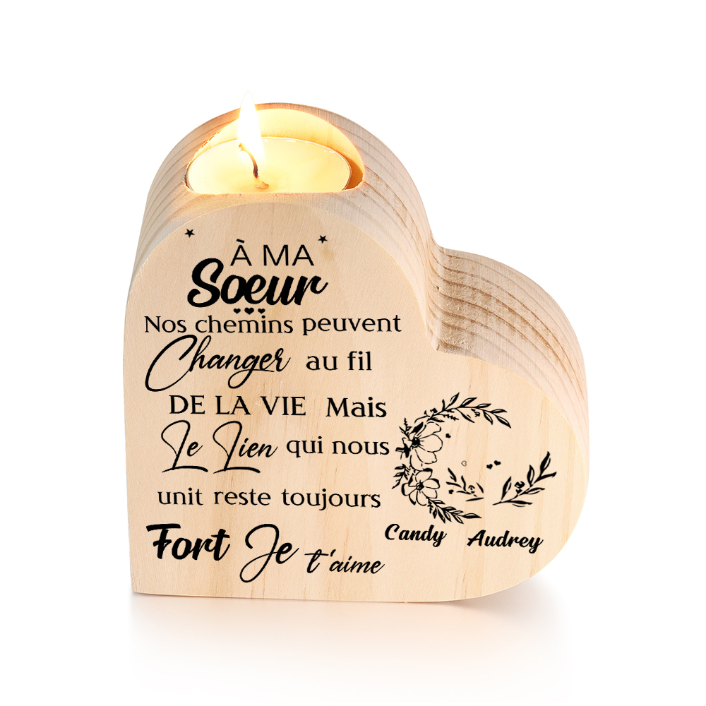 À Ma Sœur - Bougeoir en Bois 2 Prénoms Personnalisés sans bougie