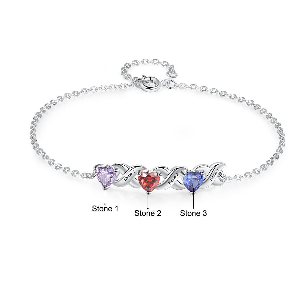 Bracelet à Breloque 3 Prénoms Personnalisé avec 3 Pierres de Naissance