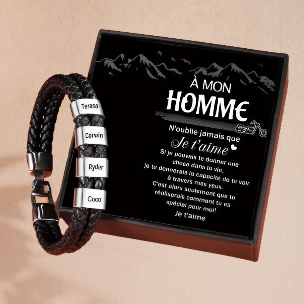 À mon homme - Bracelet en cuir tressé à perles personnalisé pour petit-ami / mari avec 4 prénoms gravés