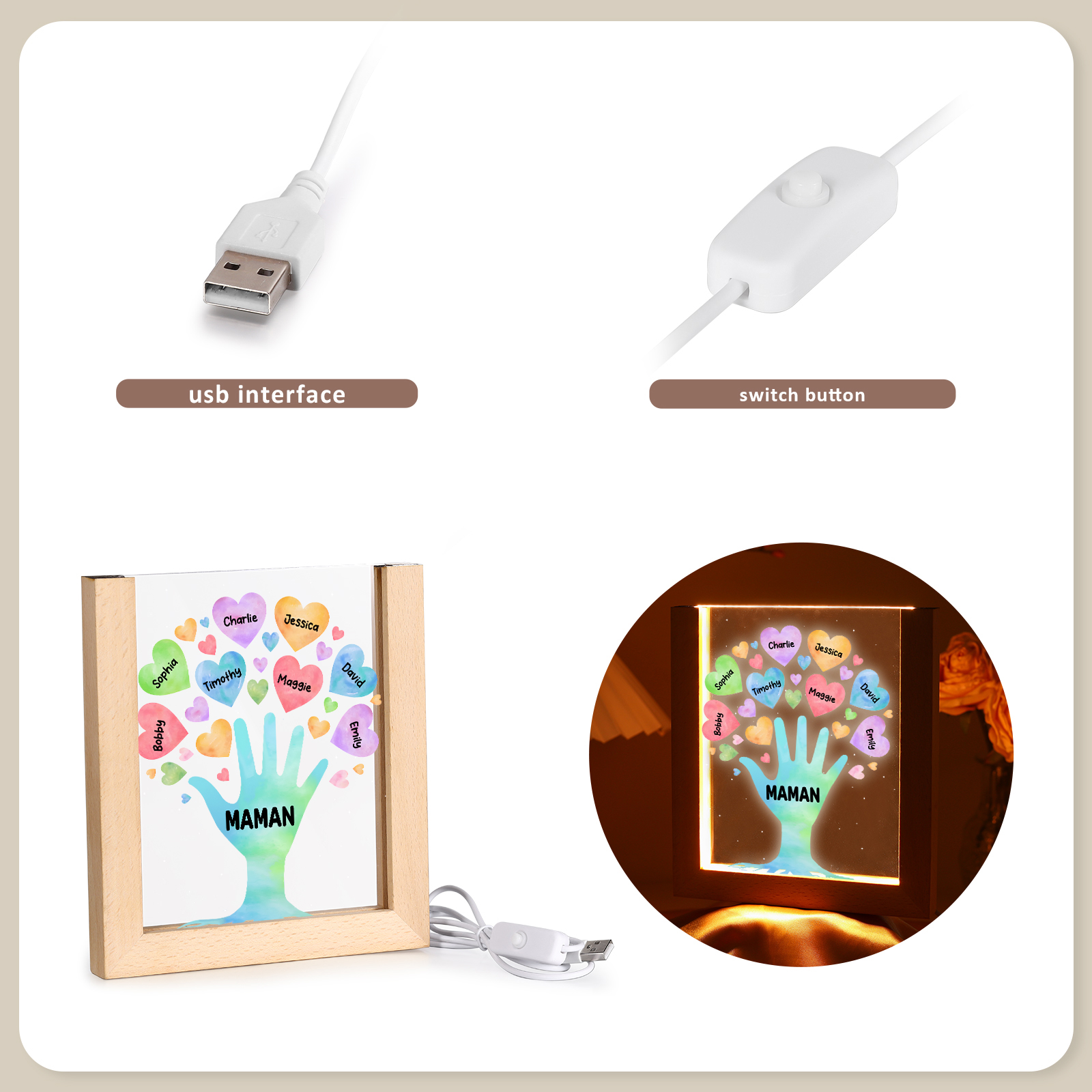 À Maman/Mamie - Lampe de chevet LED Main et Cœur 8 Prénoms Personnalisés avec 1 Texte