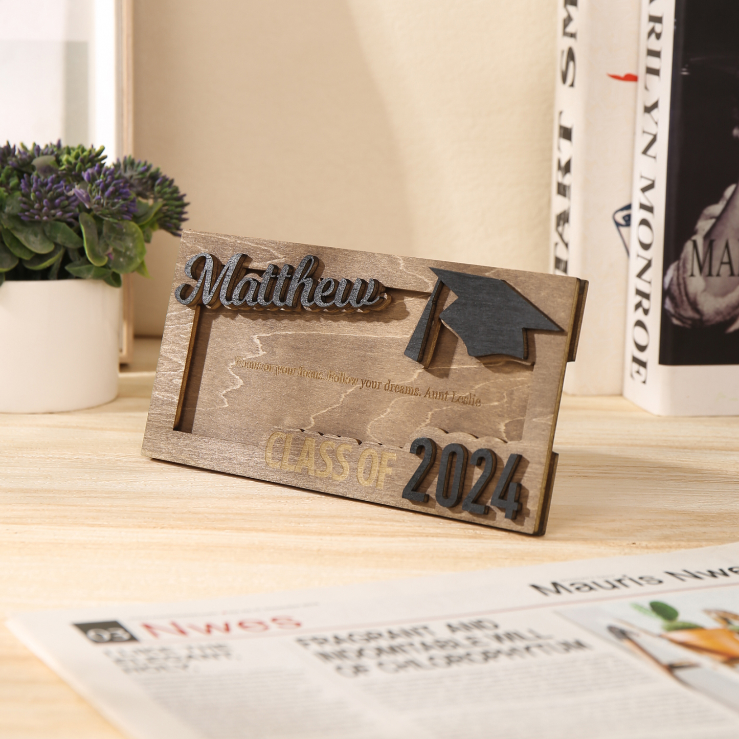 Porte-Cartes Diplômé en bois Prénom et Texte Personnalisés Cadeau de Graduation