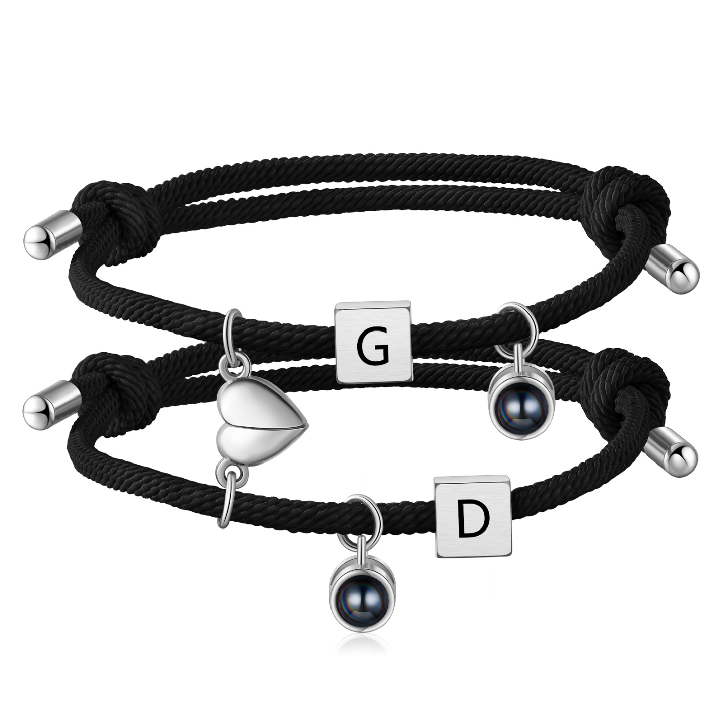 2PCS Bracelets Projection de Pierres 2 Lettres et 1 Photo Personnalisés Bracelets magnétiques pour Couple