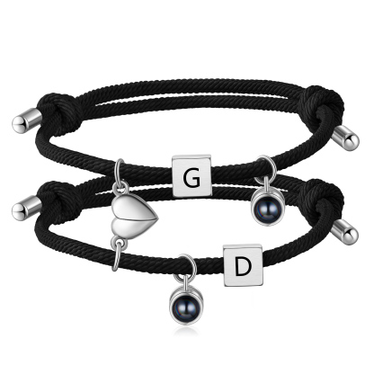 2PCS Bracelets Projection de Pierres 2 Lettres et 1 Photo Personnalisés Bracelets magnétiques pour Couple