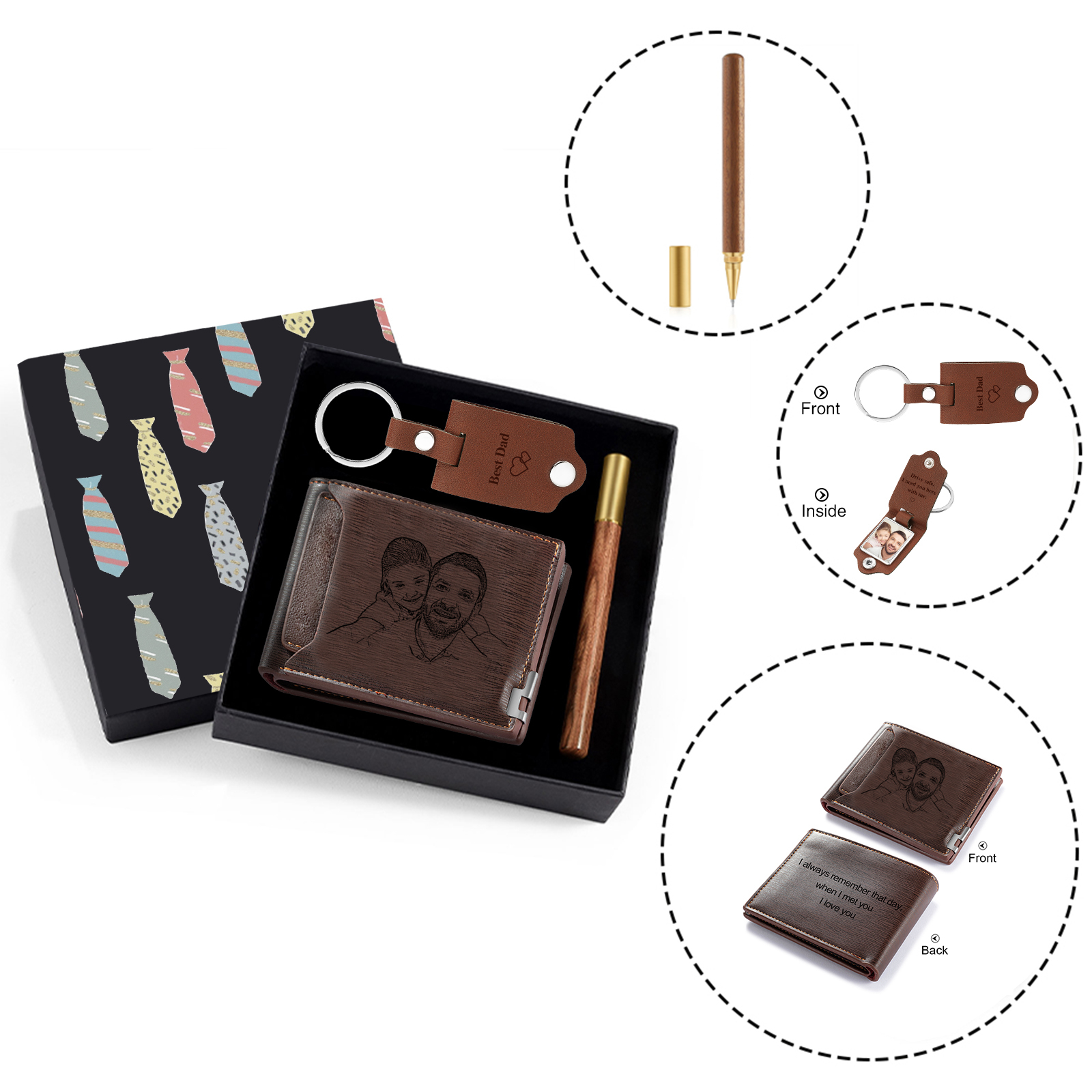 Coffret Cadeau 3PCS - Portefeuille classique Porte-Clés et Stylo 3 Textes et 2 Photo Personnalisés Coffret Cadeau pour Homme