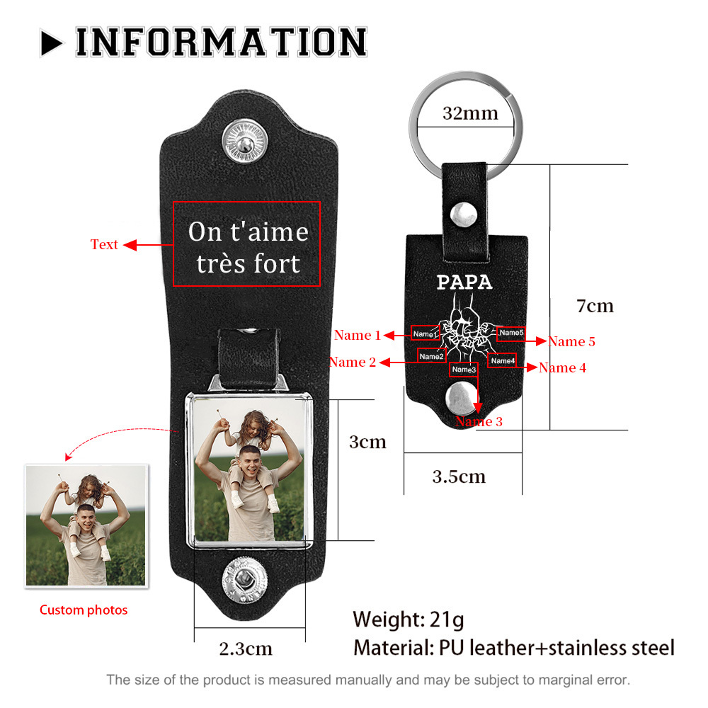 À mon Papa - Porte-Clés Cuir Poings 5 Prénoms Personnalisés avec Photo et Texte