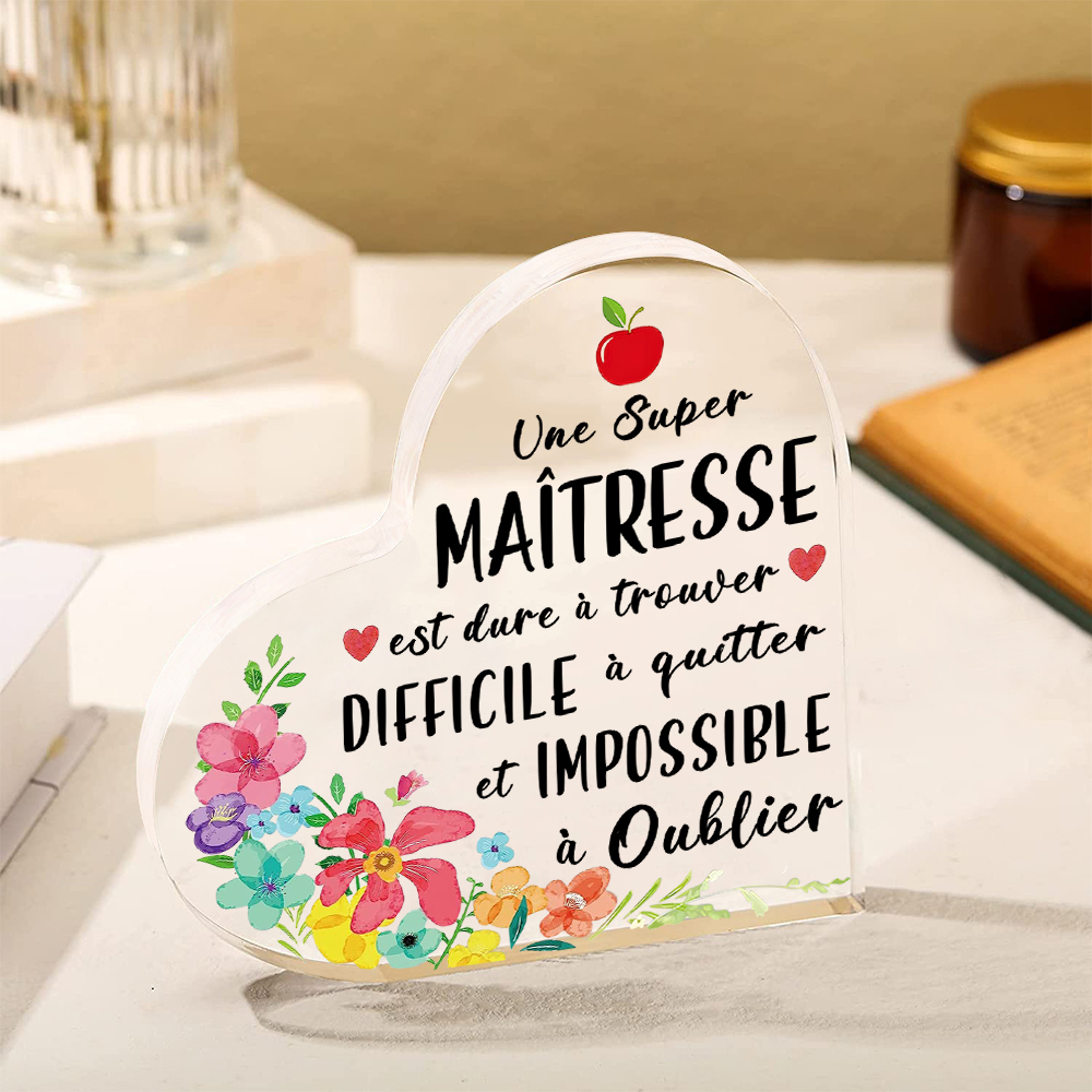 À Ma Maîtresse -Plaque Acrylique en Forme de Cœur avec Message de Remerciement et Motif Floral | Jessemade