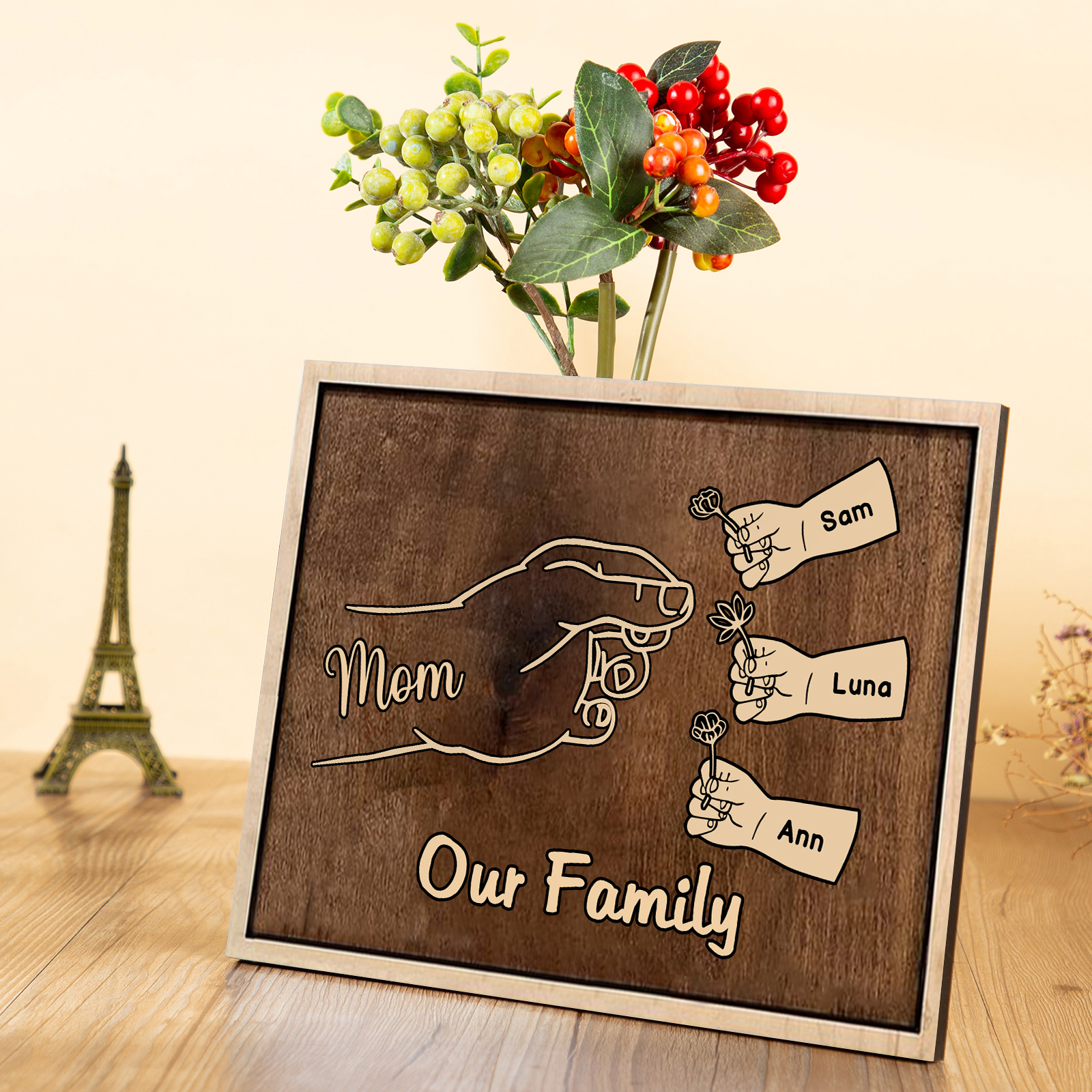 À Maman/Mamie - Cadre en Bois Main et Enfants 4 Prénoms Personnalisés avec Texte Cadeau pour Famille