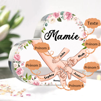 Plaque Acrylique en Forme de Cœur La Main Dans La Main 5 Prénoms Personnalisés avec Texte